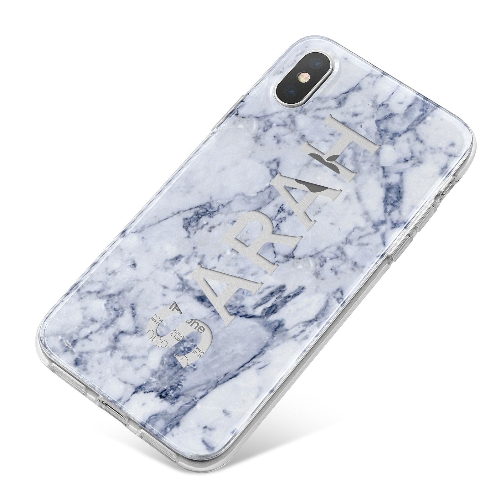 Personalised Clear Name Cutout Blue Marble Custom iPhone X Bumper Case on Silver iPhone