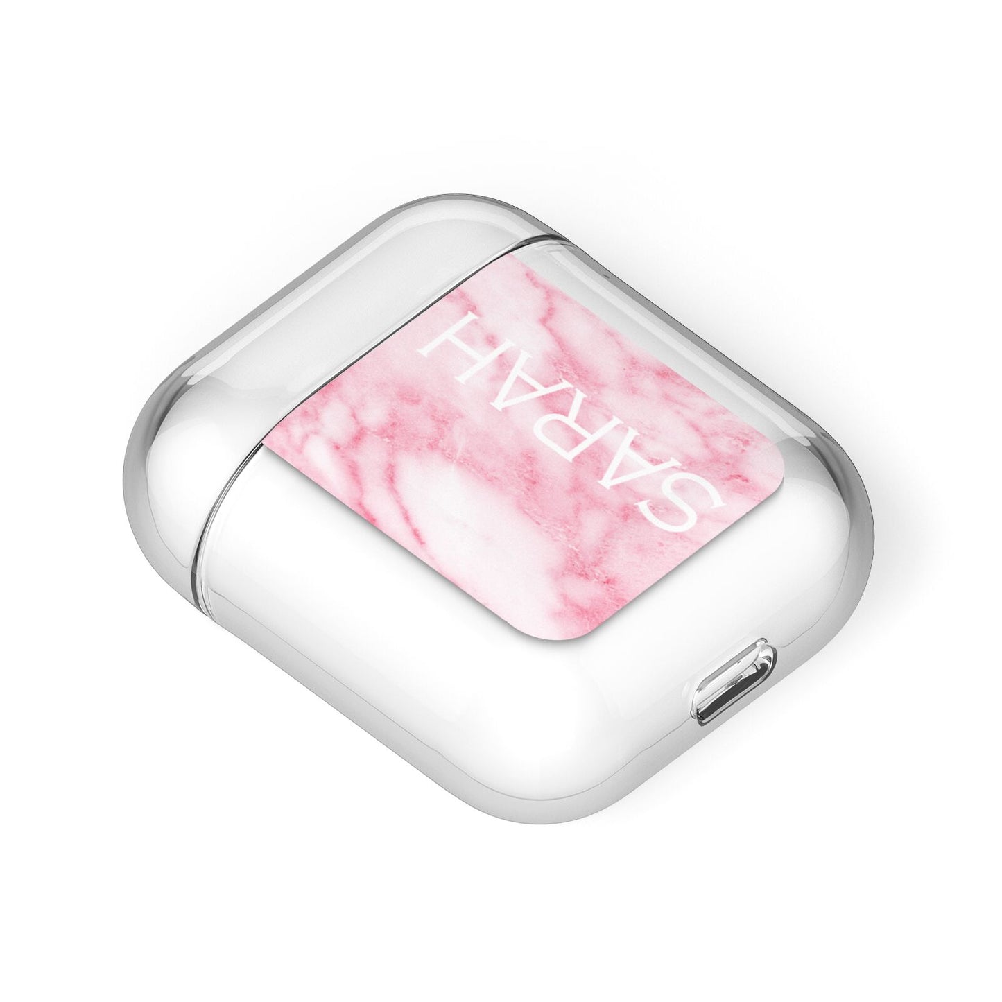 Personalised Clear Name Cutout Pink Marble Custom AirPods Case Laid Flat