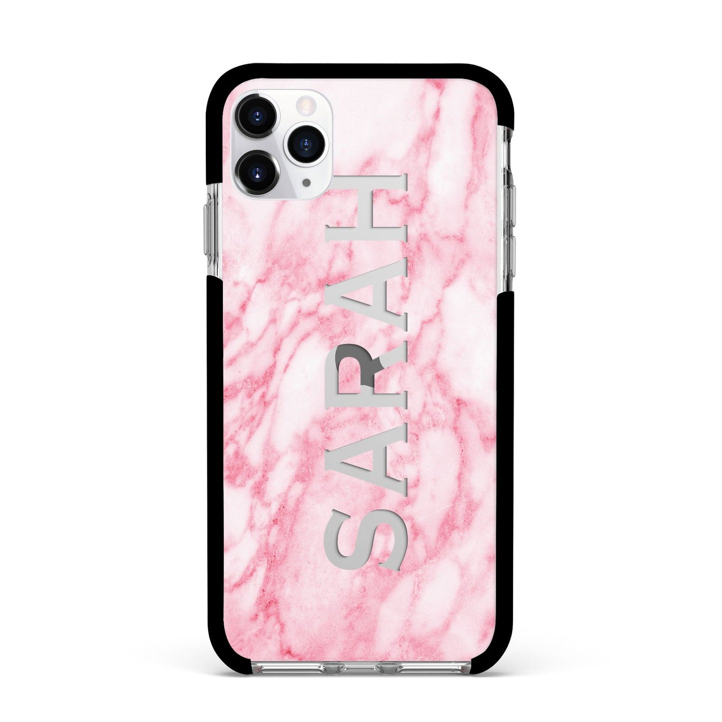 Personalised Clear Name Cutout Pink Marble Custom Apple iPhone 11 Pro Max in Silver with Black Impact Case