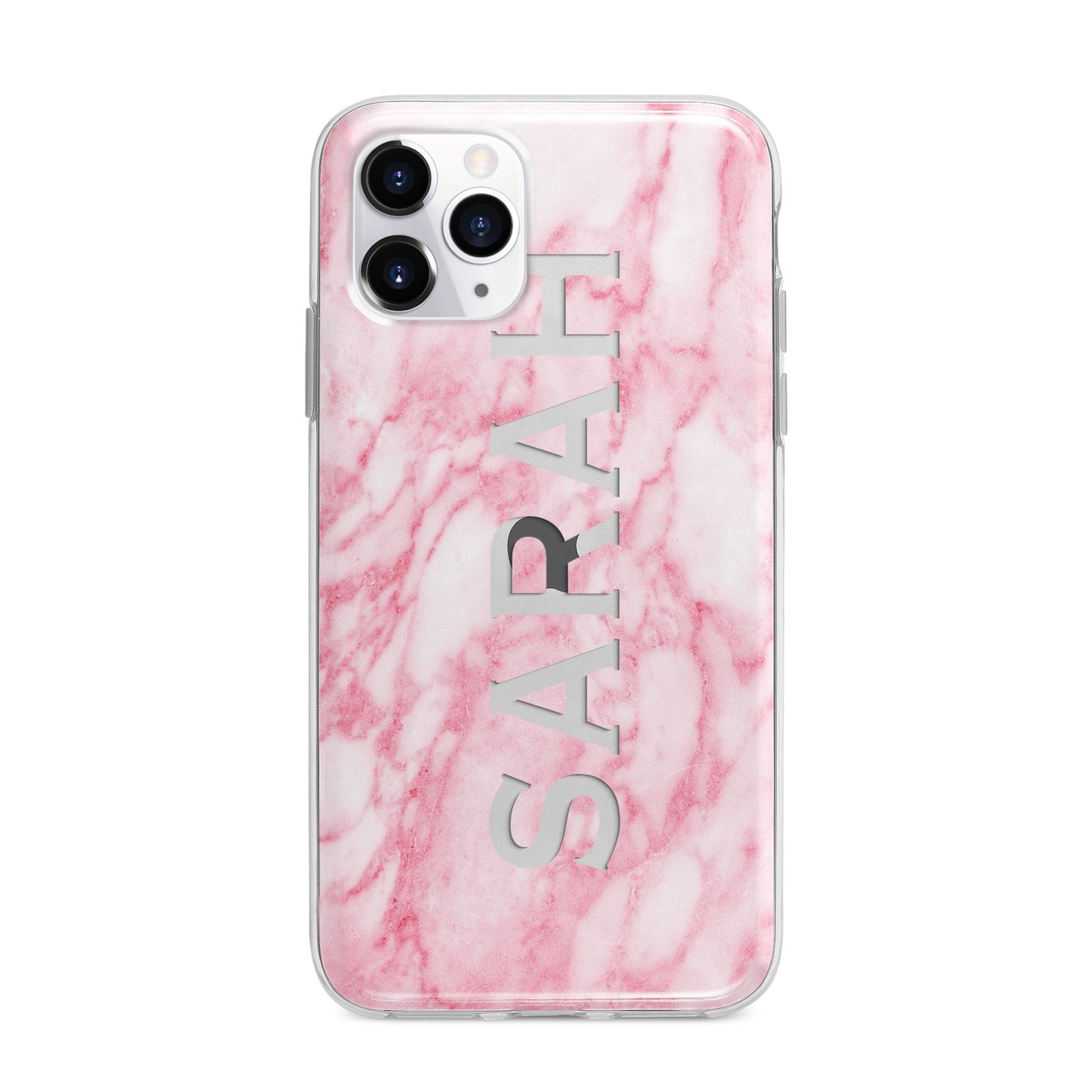 Personalised Clear Name Cutout Pink Marble Custom Apple iPhone 11 Pro Max in Silver with Bumper Case