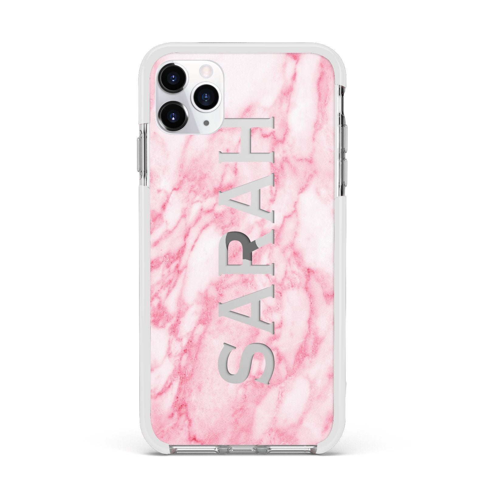 Personalised Clear Name Cutout Pink Marble Custom Apple iPhone 11 Pro Max in Silver with White Impact Case