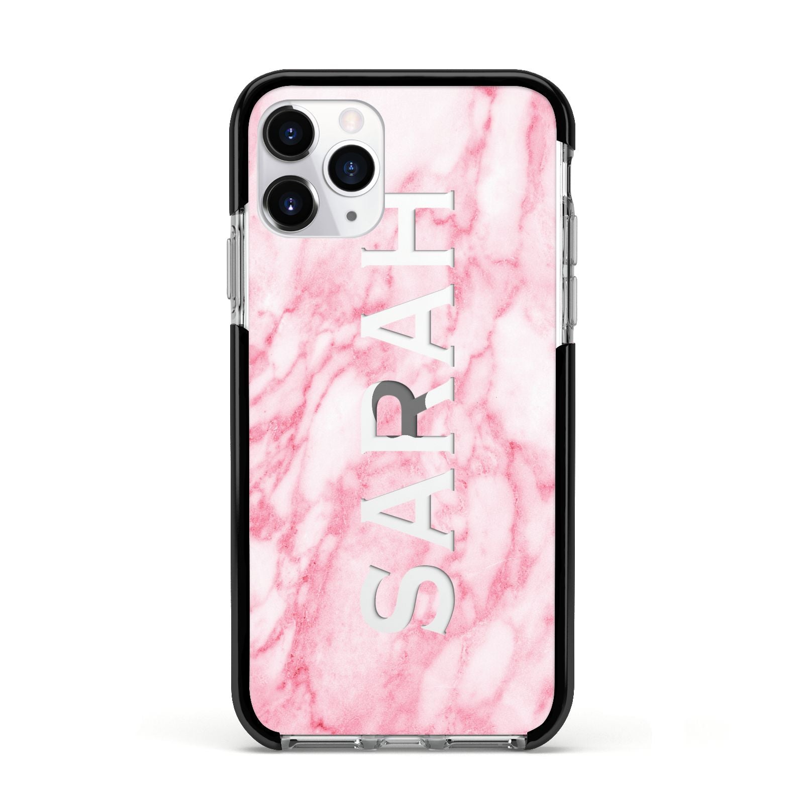 Personalised Clear Name Cutout Pink Marble Custom Apple iPhone 11 Pro in Silver with Black Impact Case