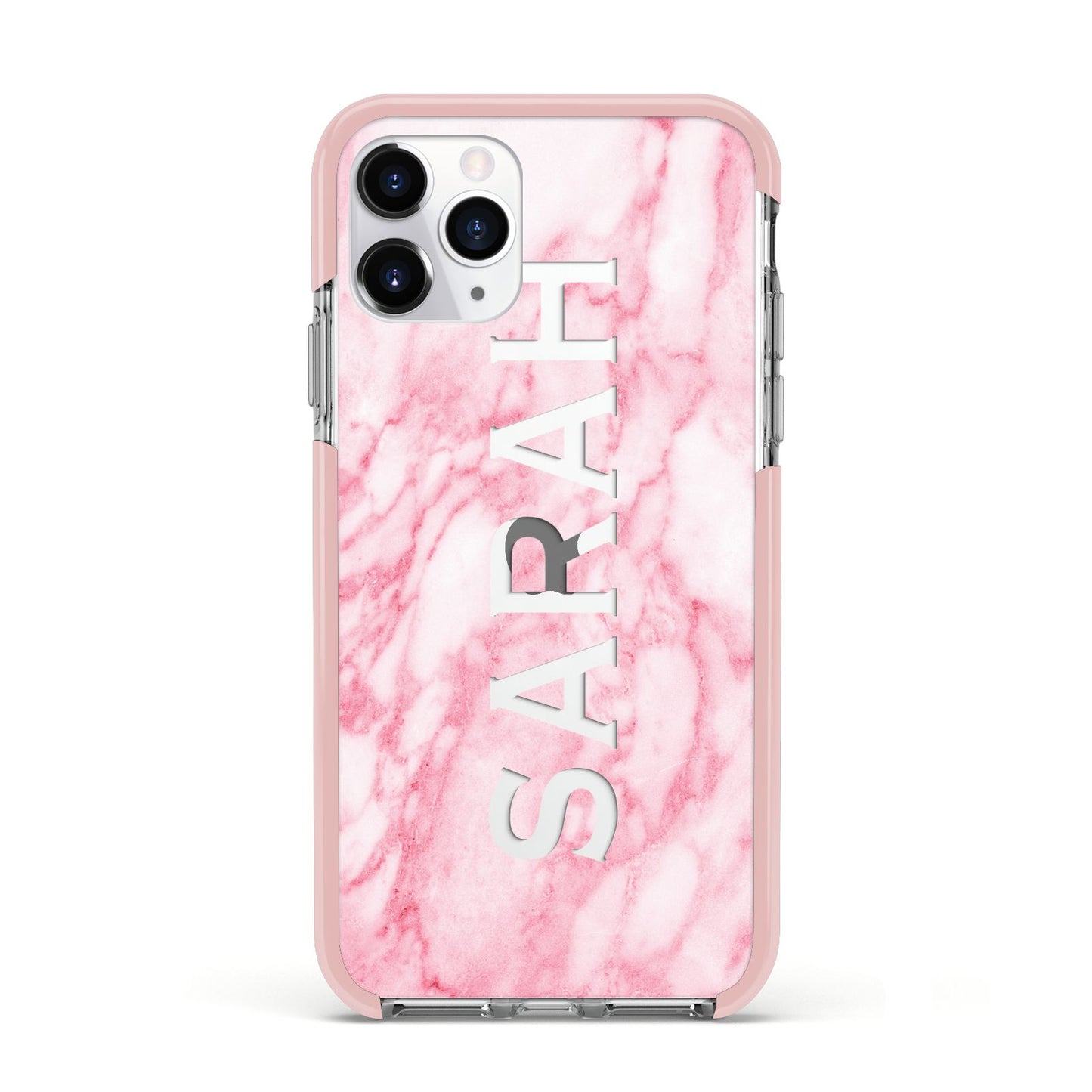 Personalised Clear Name Cutout Pink Marble Custom Apple iPhone 11 Pro in Silver with Pink Impact Case