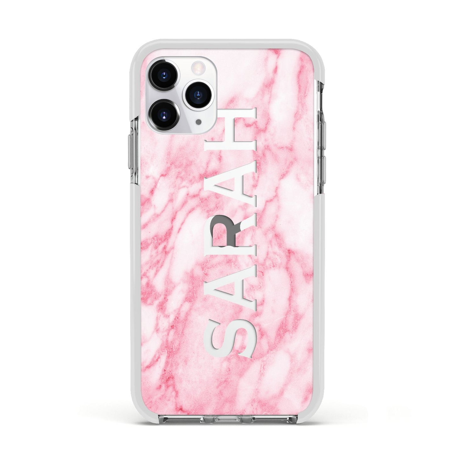 Personalised Clear Name Cutout Pink Marble Custom Apple iPhone 11 Pro in Silver with White Impact Case