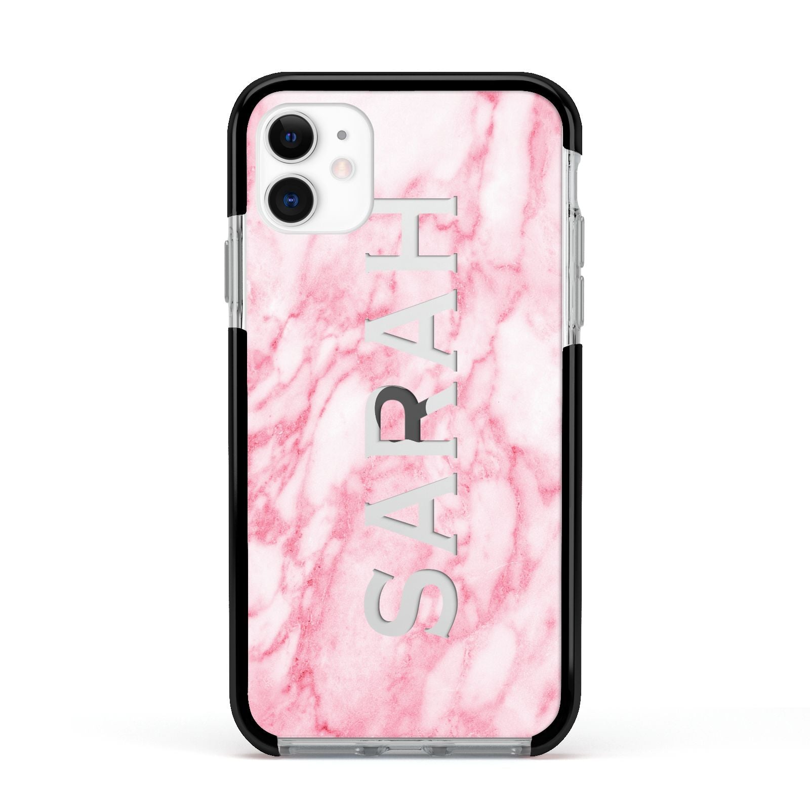 Personalised Clear Name Cutout Pink Marble Custom Apple iPhone 11 in White with Black Impact Case