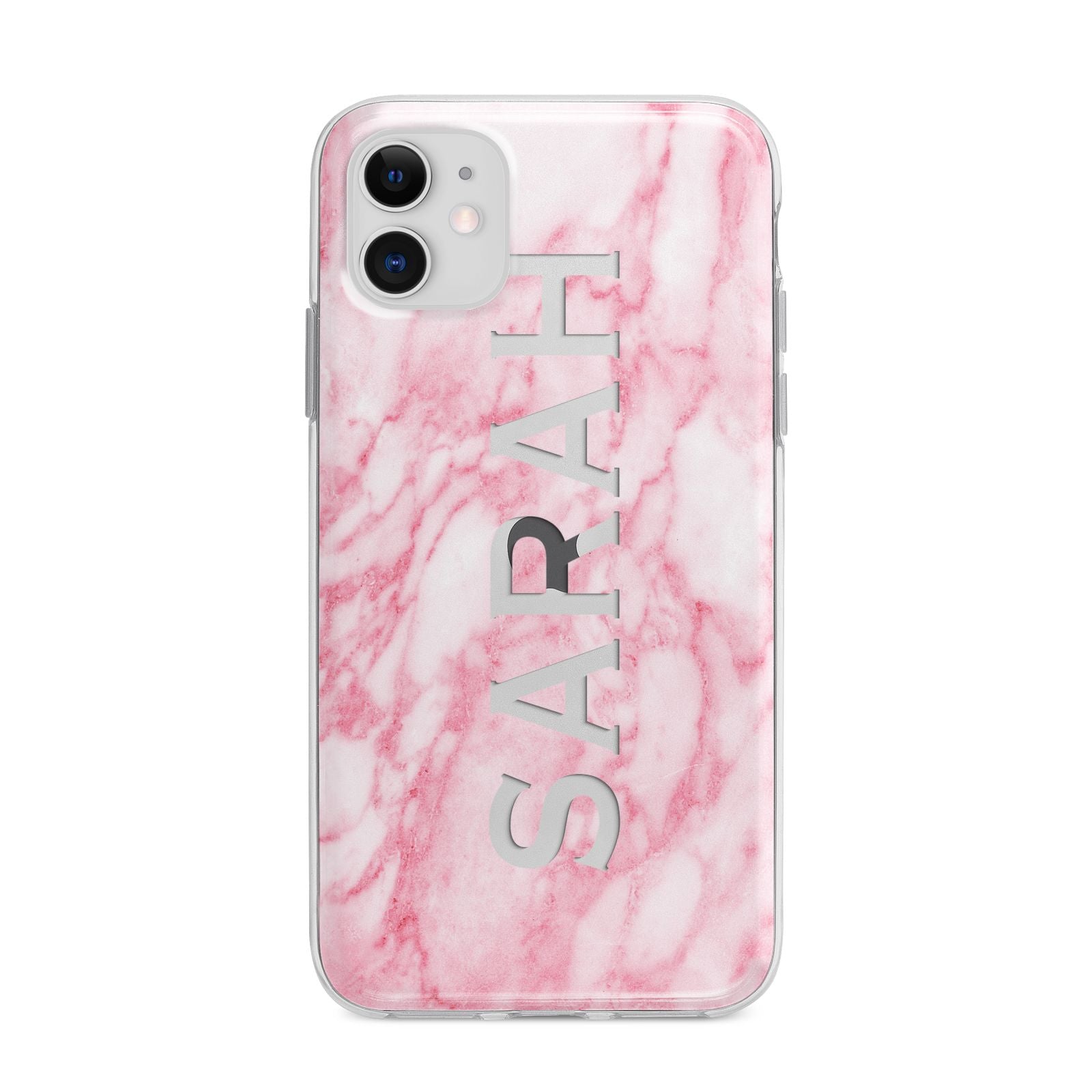 Personalised Clear Name Cutout Pink Marble Custom Apple iPhone 11 in White with Bumper Case