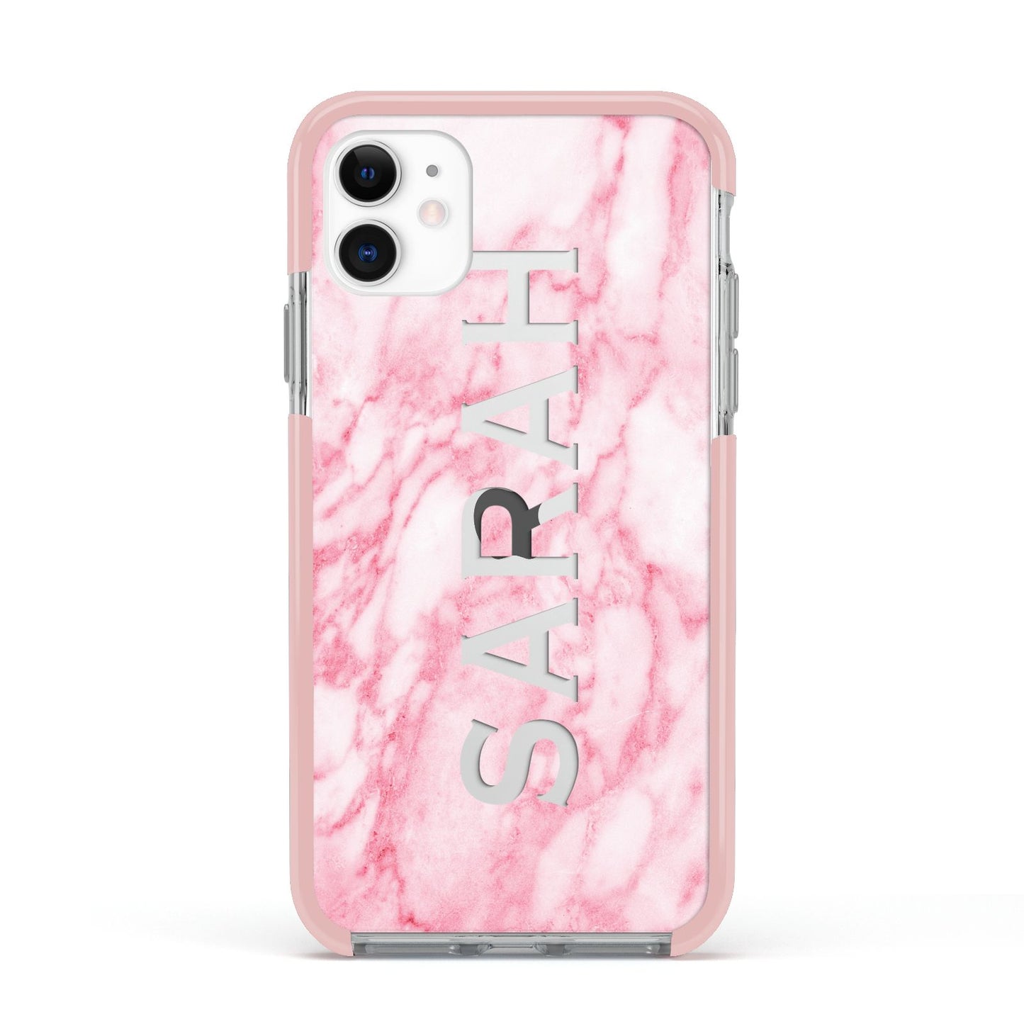 Personalised Clear Name Cutout Pink Marble Custom Apple iPhone 11 in White with Pink Impact Case