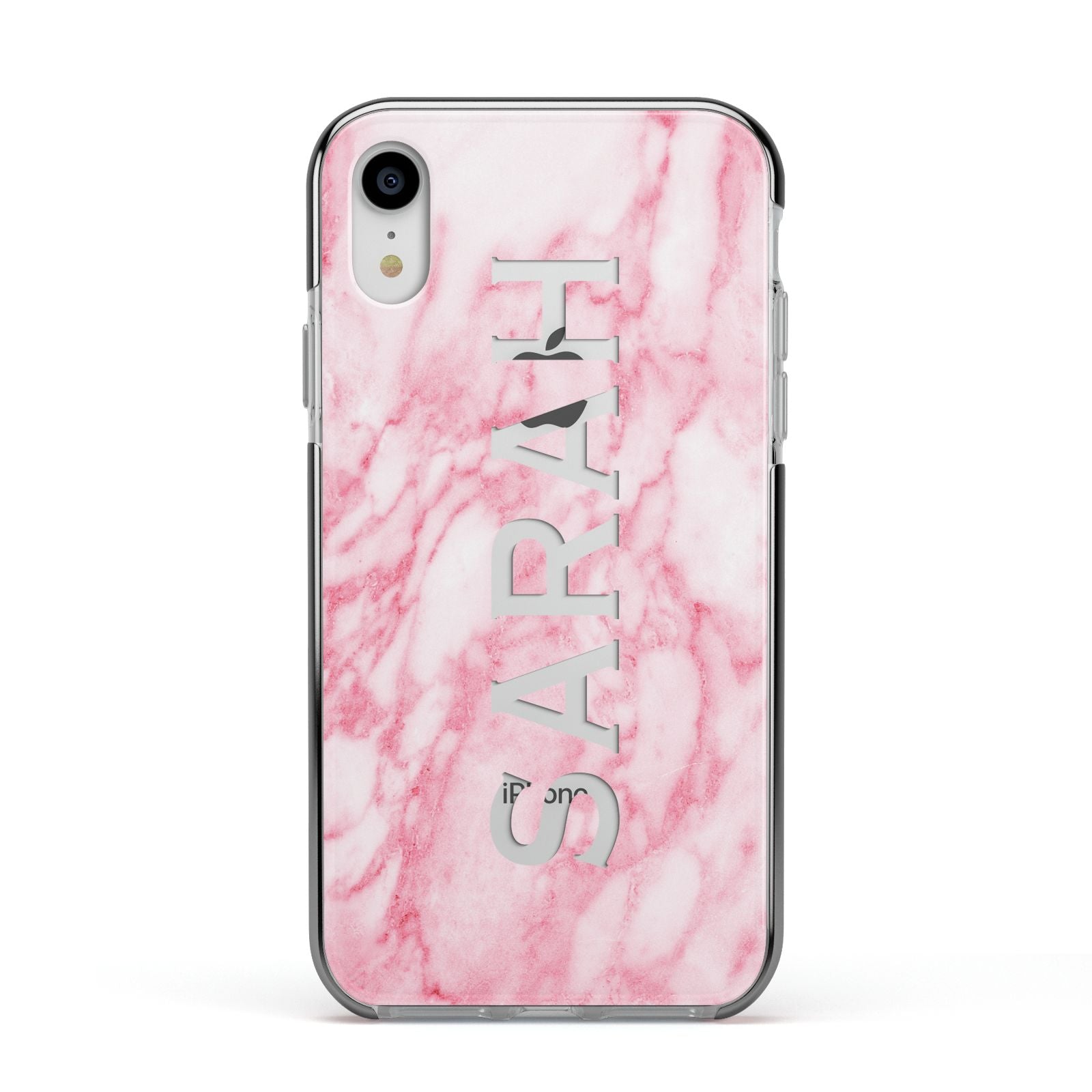 Personalised Clear Name Cutout Pink Marble Custom Apple iPhone XR Impact Case Black Edge on Silver Phone