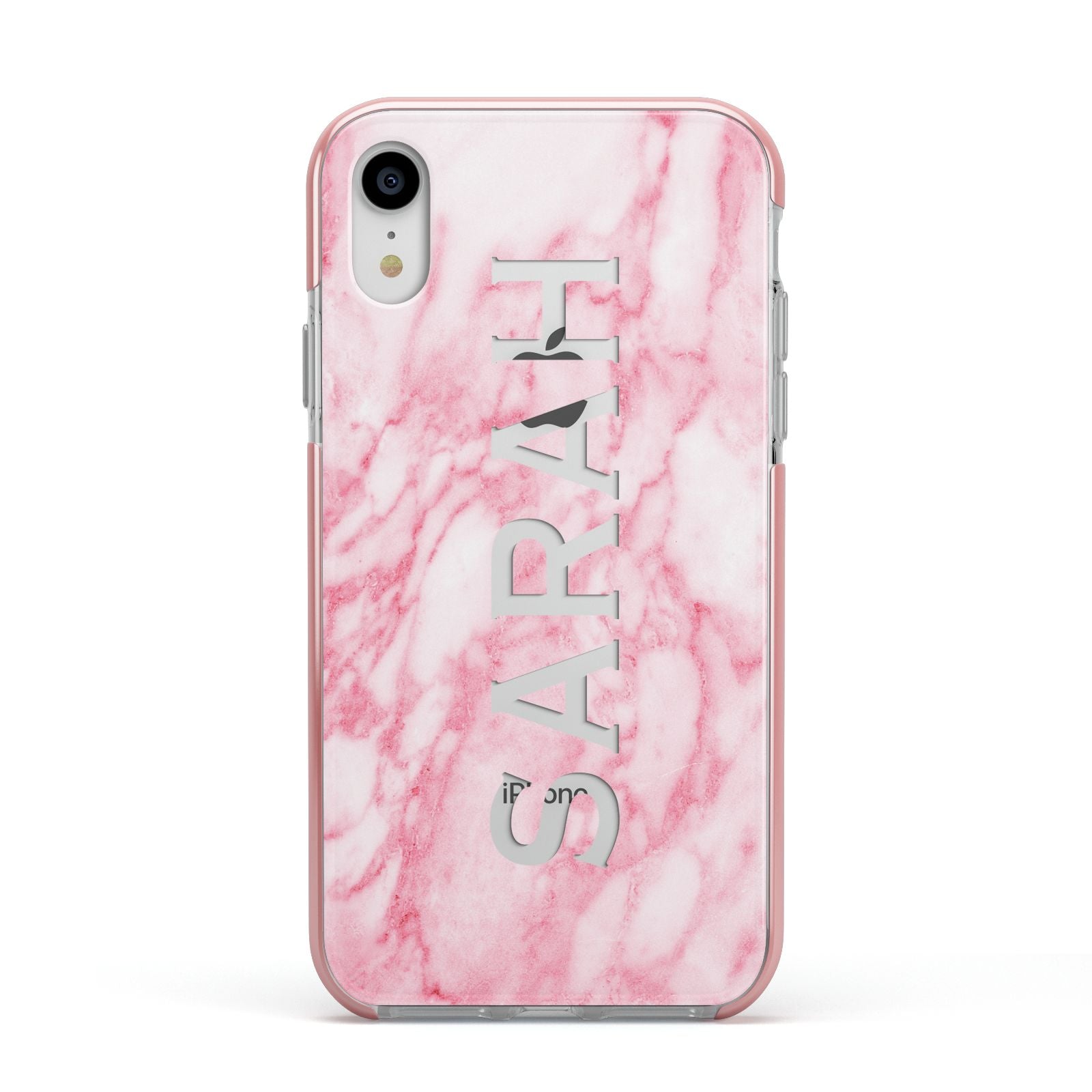 Personalised Clear Name Cutout Pink Marble Custom Apple iPhone XR Impact Case Pink Edge on Silver Phone