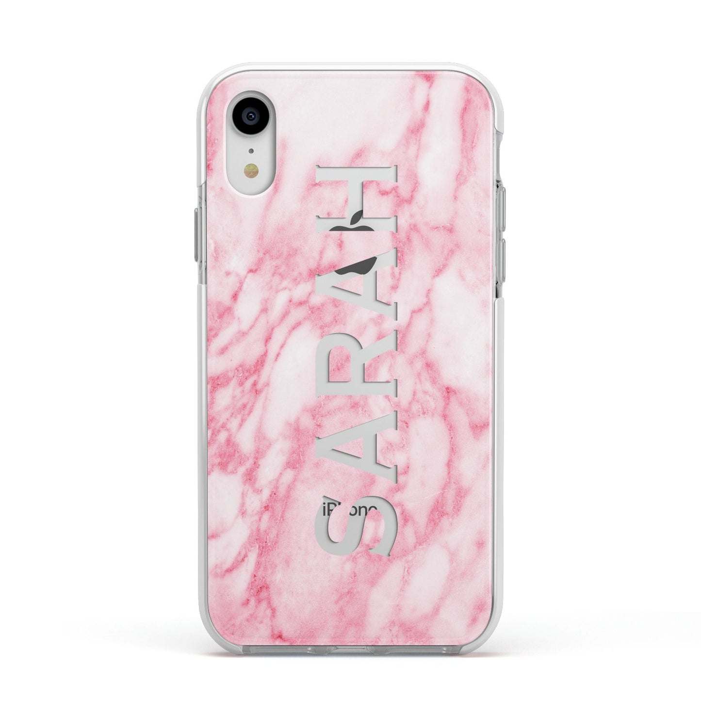 Personalised Clear Name Cutout Pink Marble Custom Apple iPhone XR Impact Case White Edge on Silver Phone