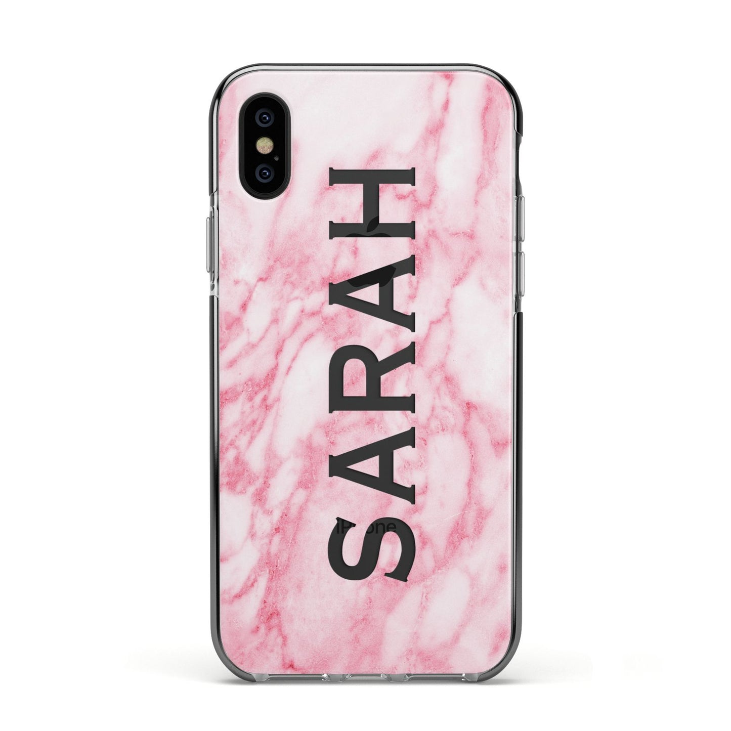 Personalised Clear Name Cutout Pink Marble Custom Apple iPhone Xs Impact Case Black Edge on Black Phone