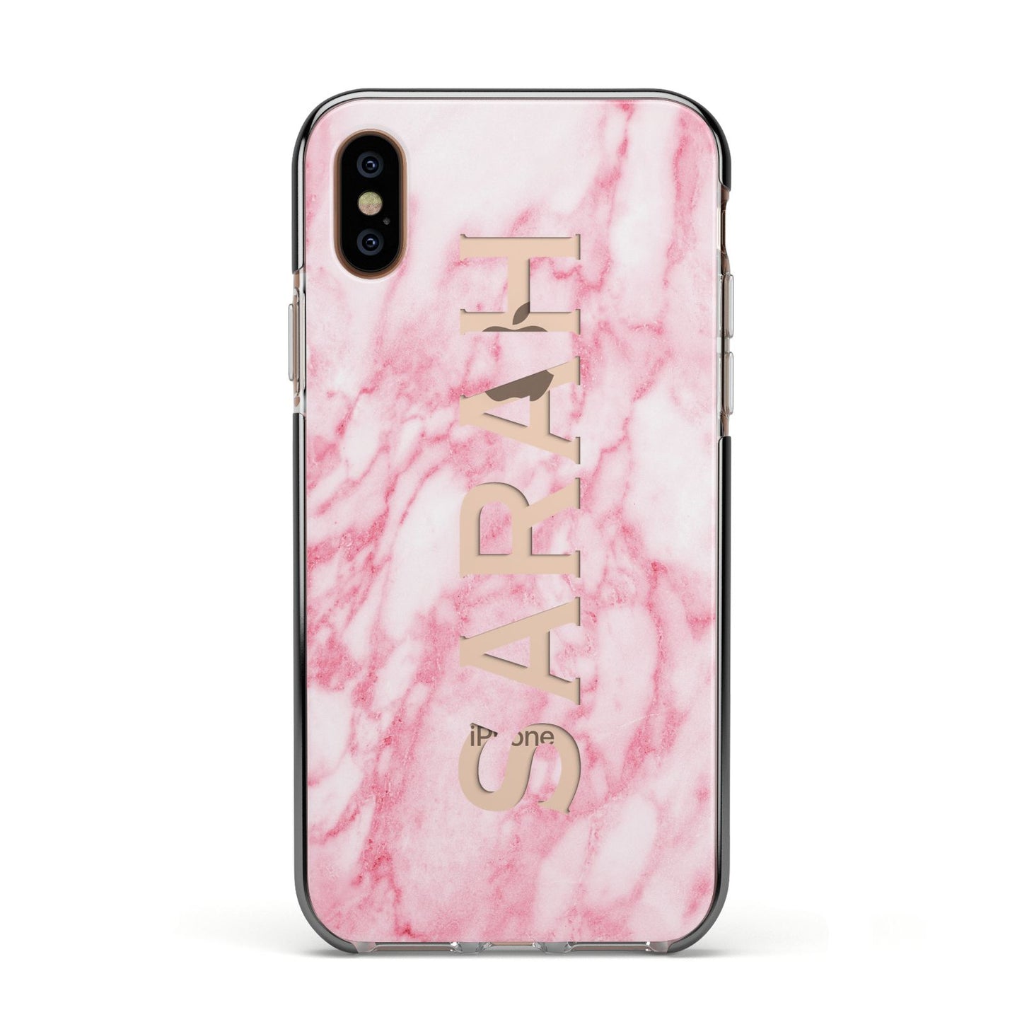 Personalised Clear Name Cutout Pink Marble Custom Apple iPhone Xs Impact Case Black Edge on Gold Phone