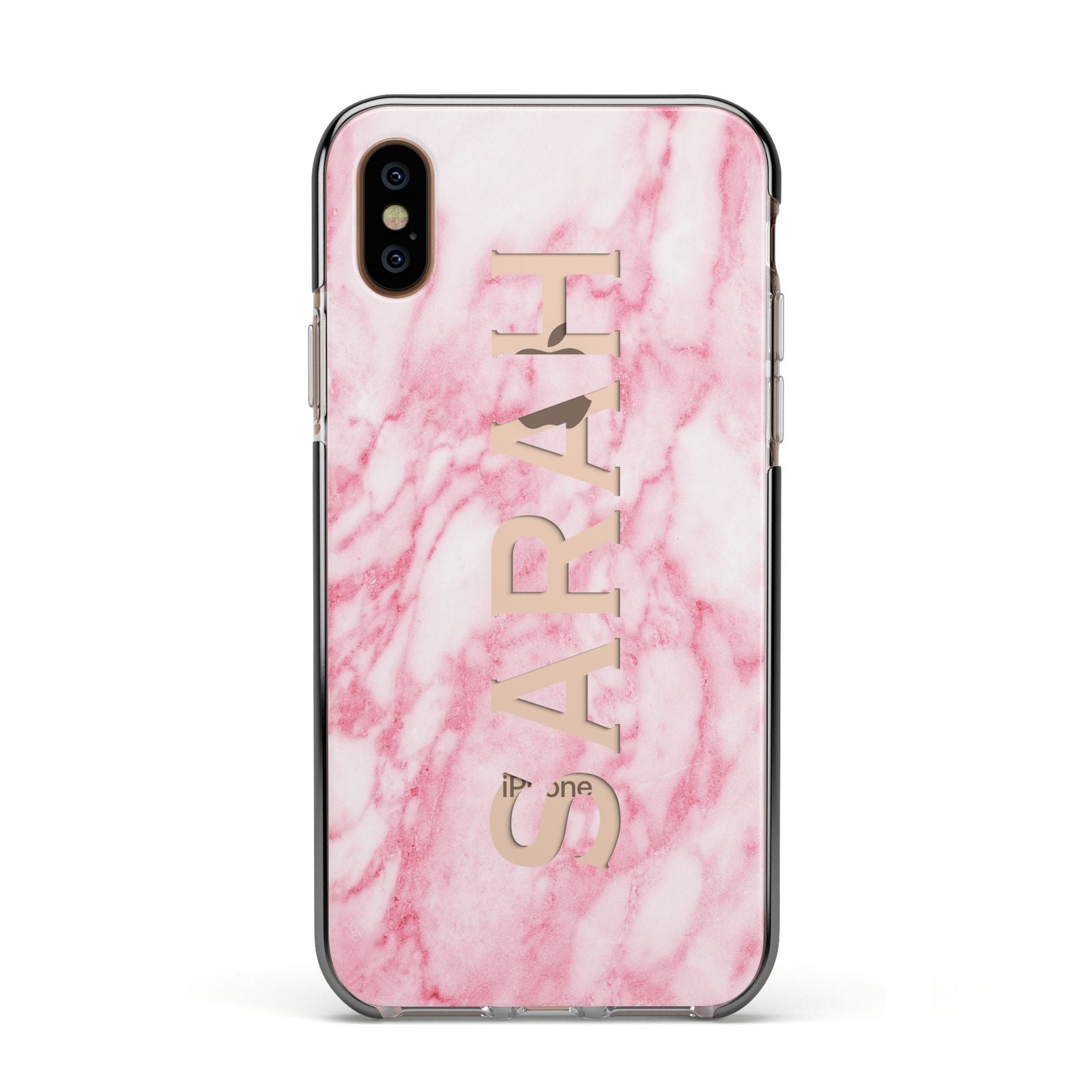 Personalised Clear Name Cutout Pink Marble Custom Apple iPhone Xs Impact Case Black Edge on Gold Phone