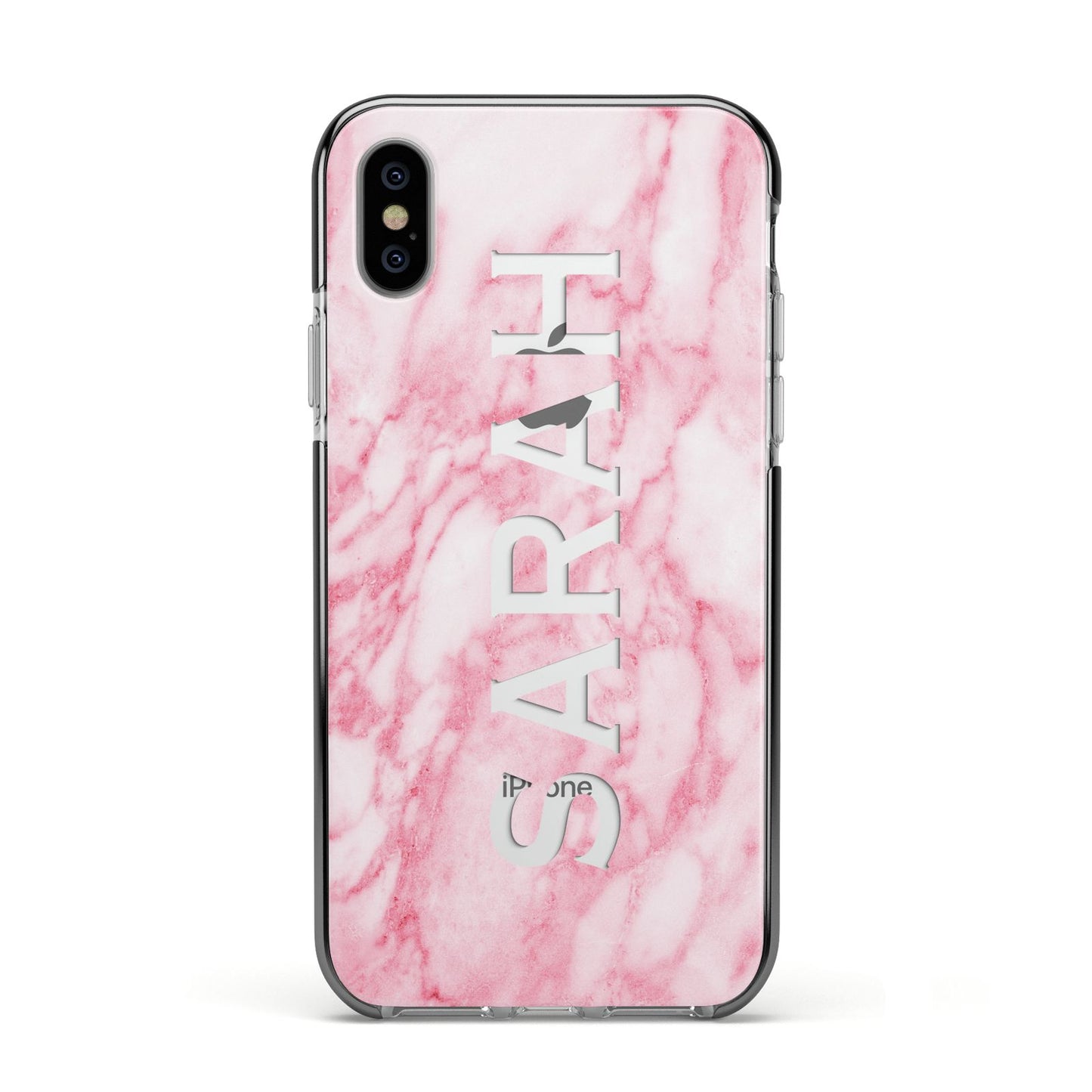 Personalised Clear Name Cutout Pink Marble Custom Apple iPhone Xs Impact Case Black Edge on Silver Phone