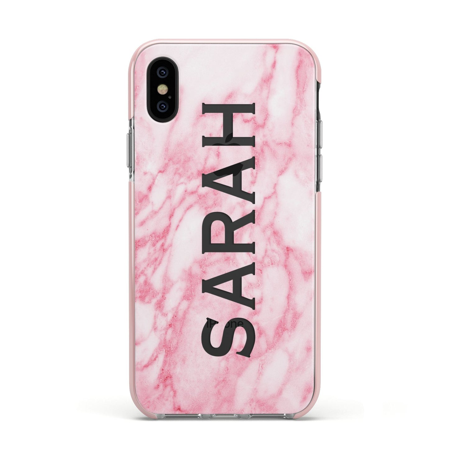 Personalised Clear Name Cutout Pink Marble Custom Apple iPhone Xs Impact Case Pink Edge on Black Phone