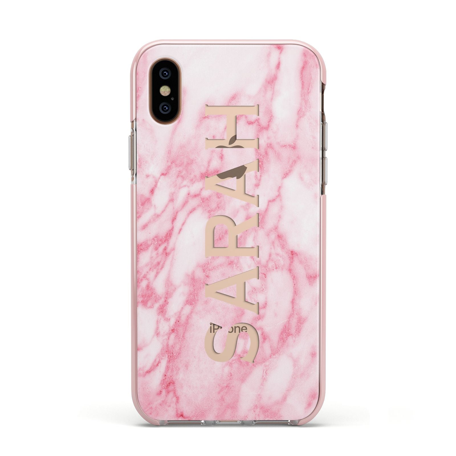 Personalised Clear Name Cutout Pink Marble Custom Apple iPhone Xs Impact Case Pink Edge on Gold Phone