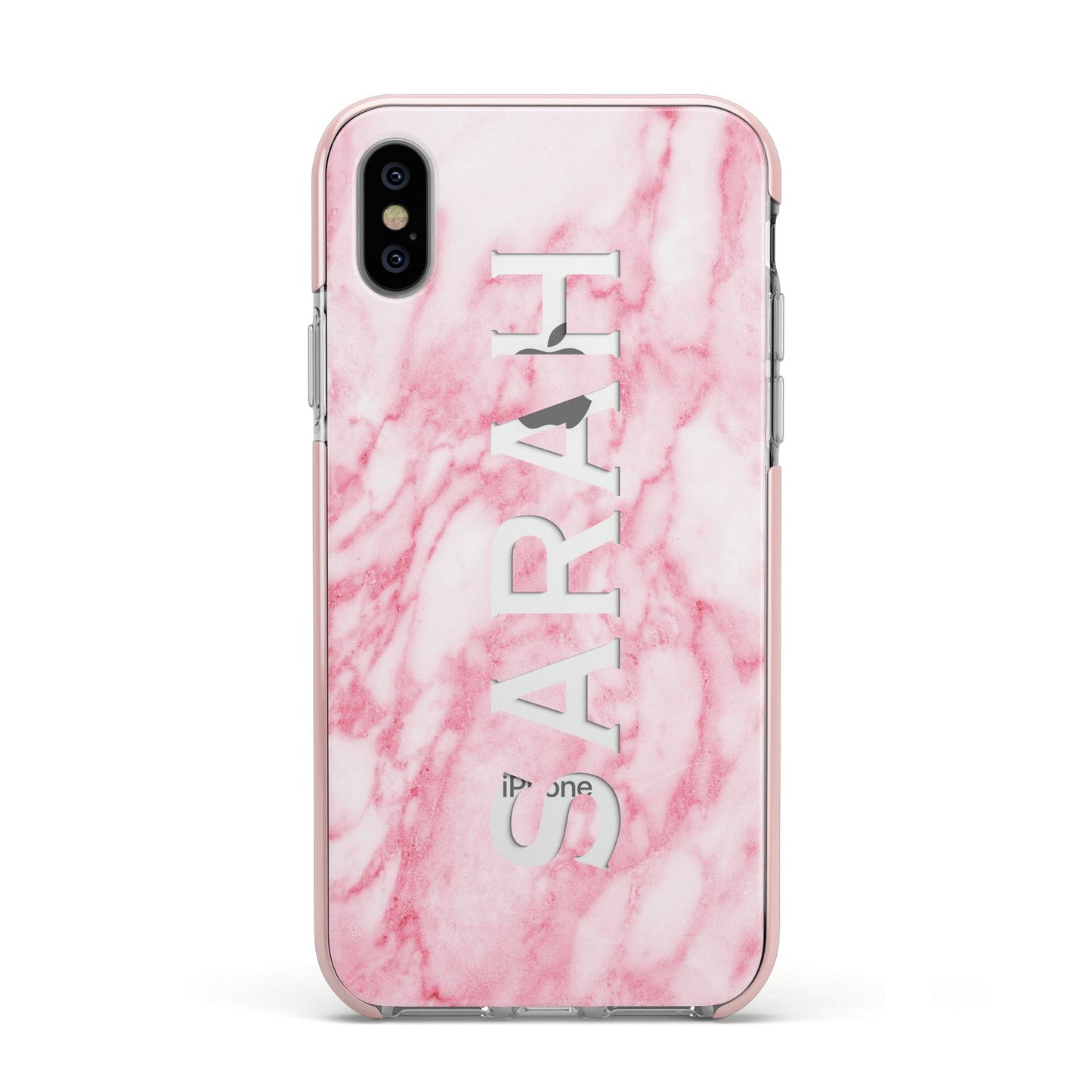 Personalised Clear Name Cutout Pink Marble Custom Apple iPhone Xs Impact Case Pink Edge on Silver Phone