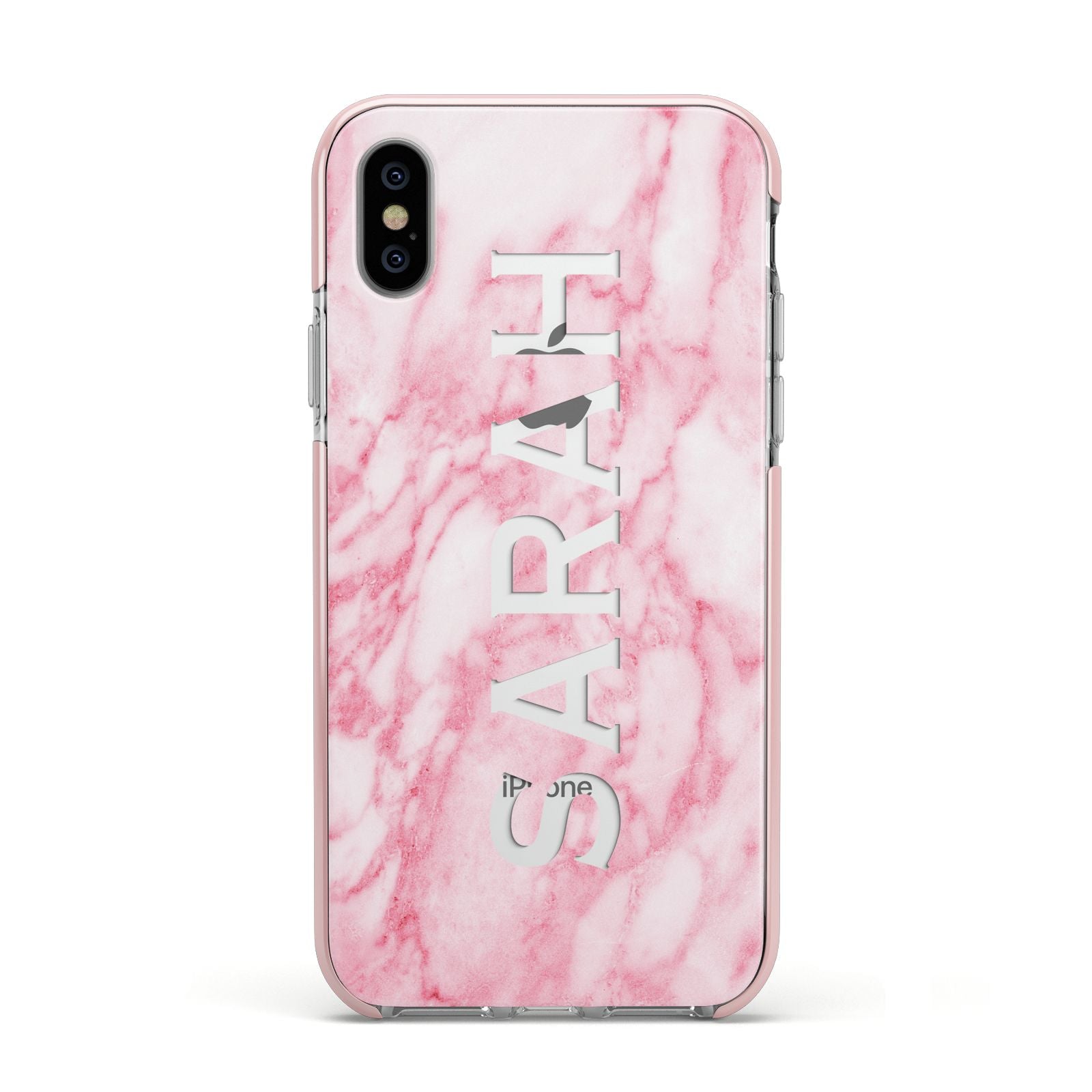 Personalised Clear Name Cutout Pink Marble Custom Apple iPhone Xs Impact Case Pink Edge on Silver Phone