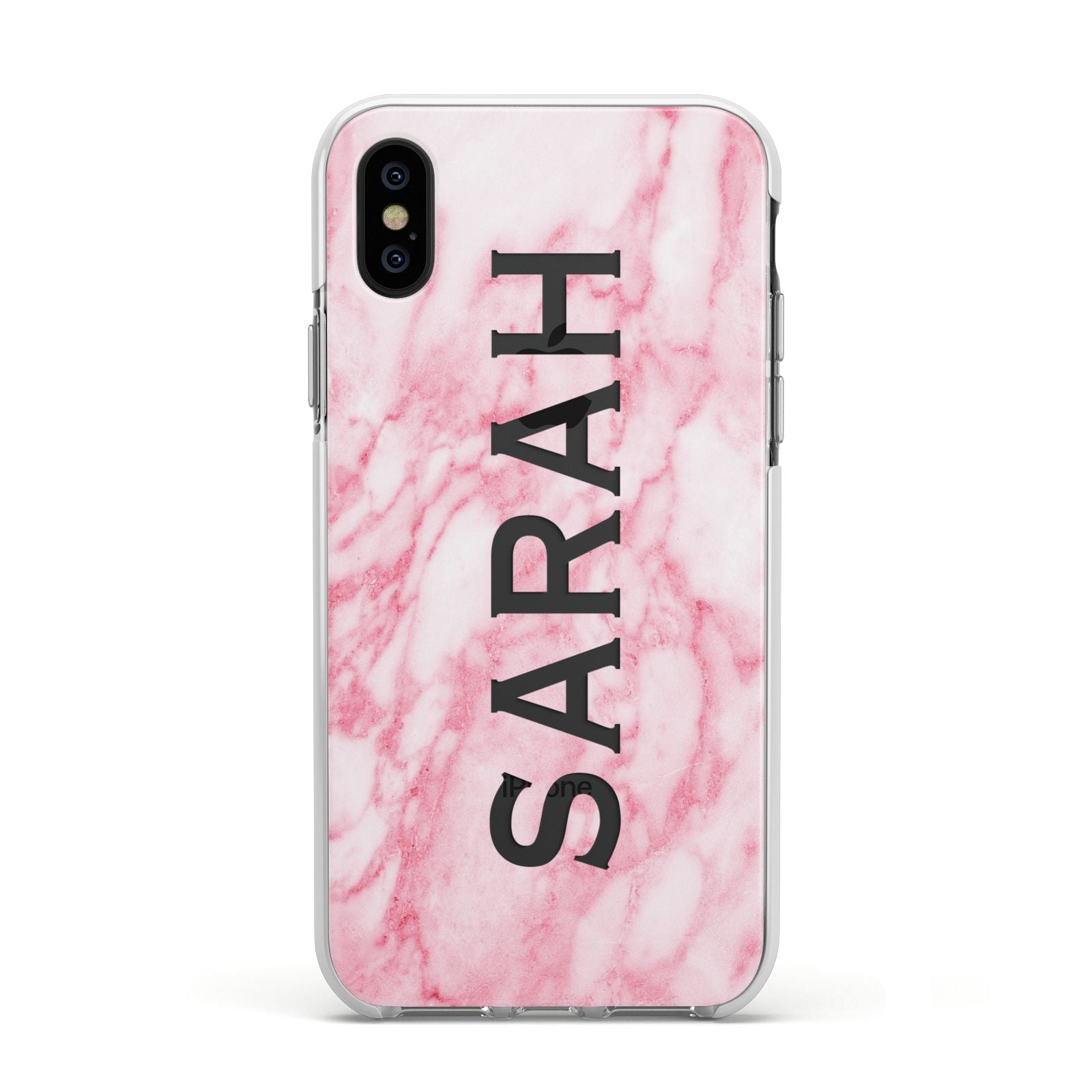 Personalised Clear Name Cutout Pink Marble Custom Apple iPhone Xs Impact Case White Edge on Black Phone