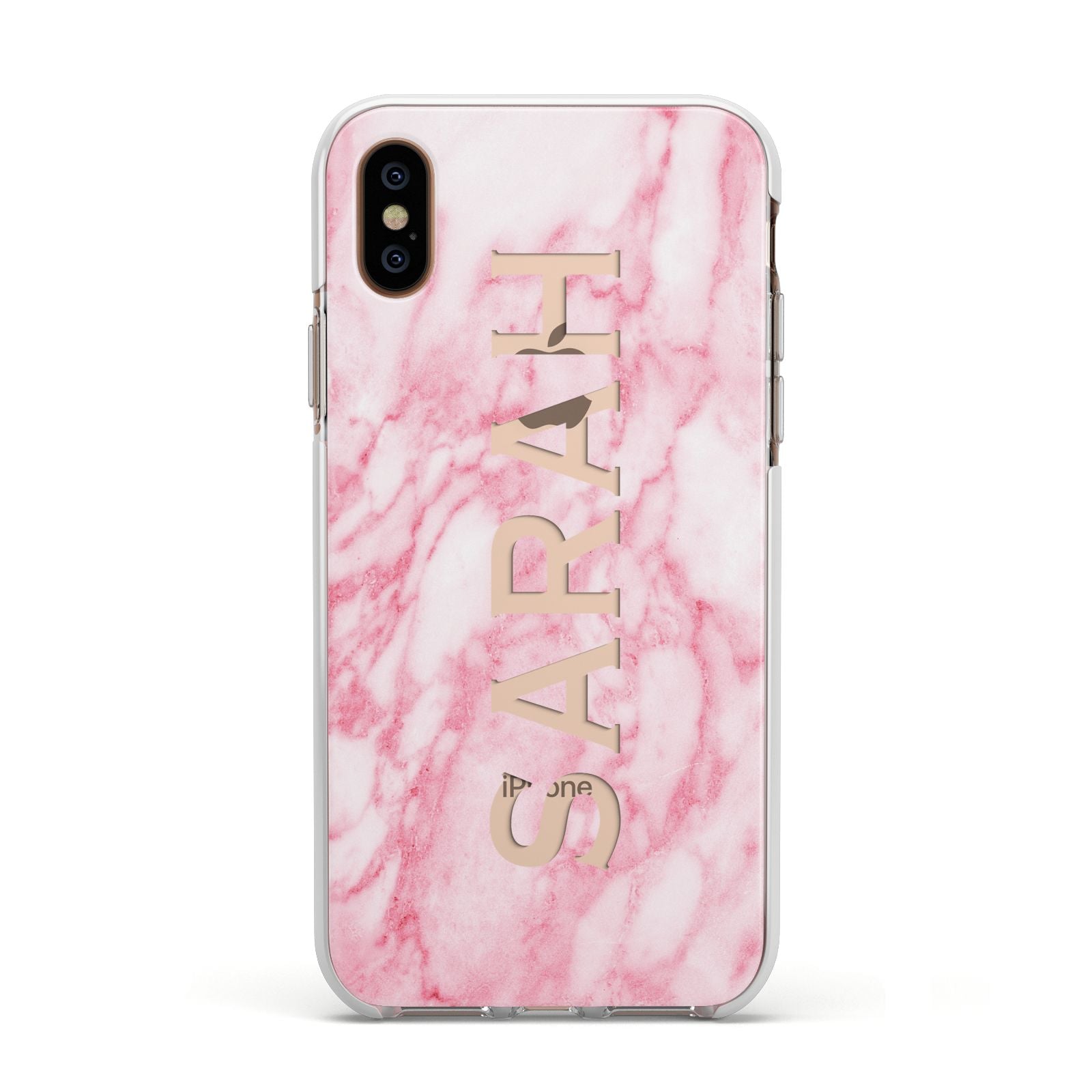 Personalised Clear Name Cutout Pink Marble Custom Apple iPhone Xs Impact Case White Edge on Gold Phone