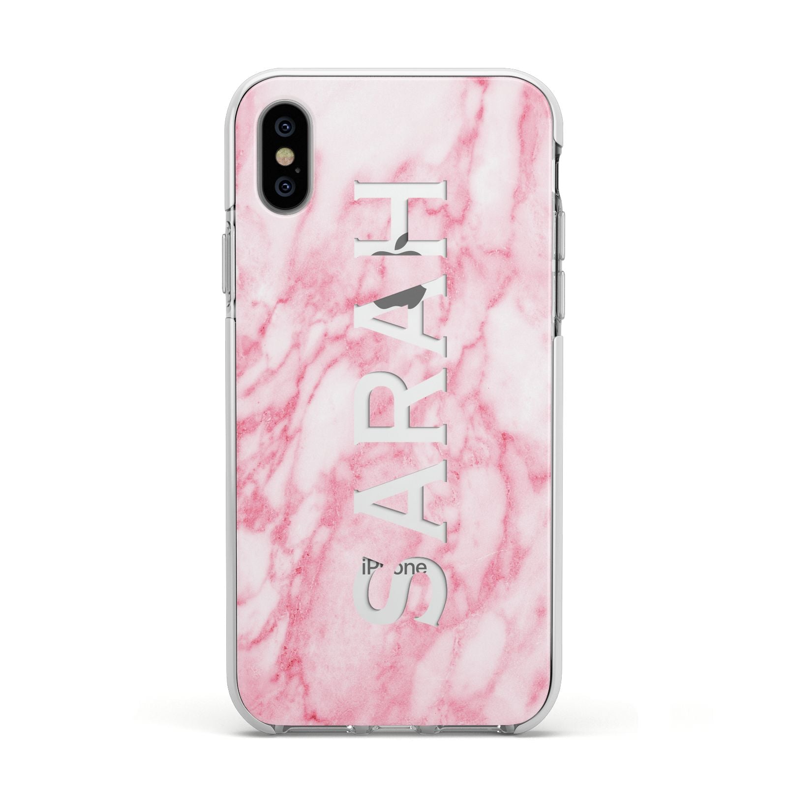 Personalised Clear Name Cutout Pink Marble Custom Apple iPhone Xs Impact Case White Edge on Silver Phone