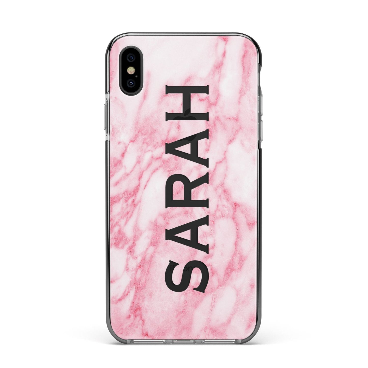 Personalised Clear Name Cutout Pink Marble Custom Apple iPhone Xs Max Impact Case Black Edge on Black Phone