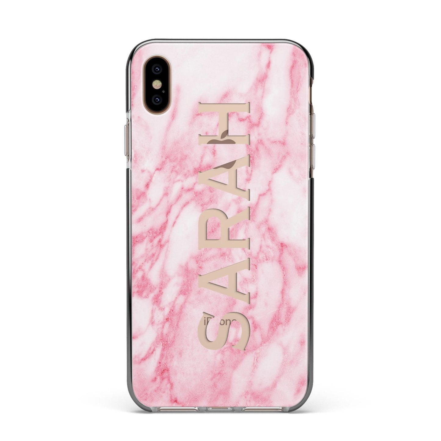 Personalised Clear Name Cutout Pink Marble Custom Apple iPhone Xs Max Impact Case Black Edge on Gold Phone