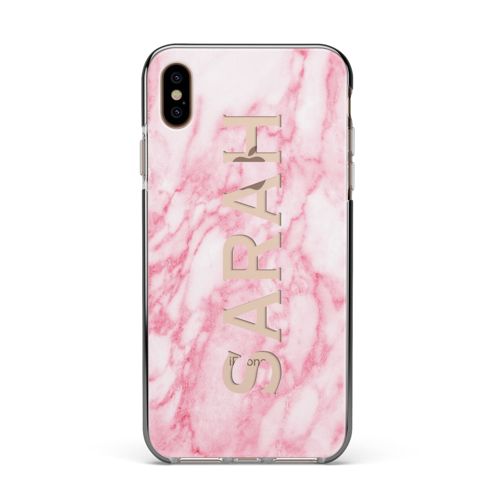 Personalised Clear Name Cutout Pink Marble Custom Apple iPhone Xs Max Impact Case Black Edge on Gold Phone