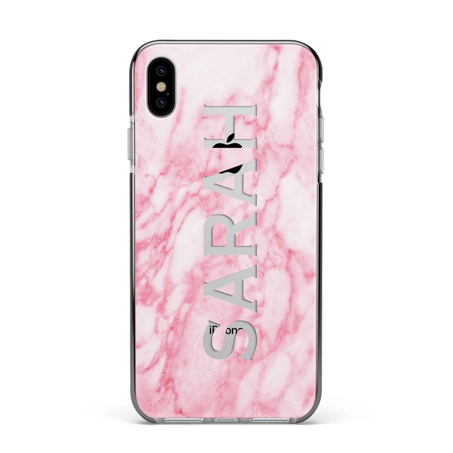 Personalised Clear Name Cutout Pink Marble Custom Apple iPhone Xs Max Impact Case Black Edge on Silver Phone