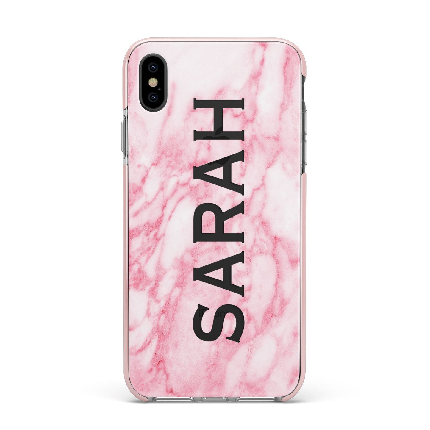 Personalised Clear Name Cutout Pink Marble Custom Apple iPhone Xs Max Impact Case Pink Edge on Black Phone