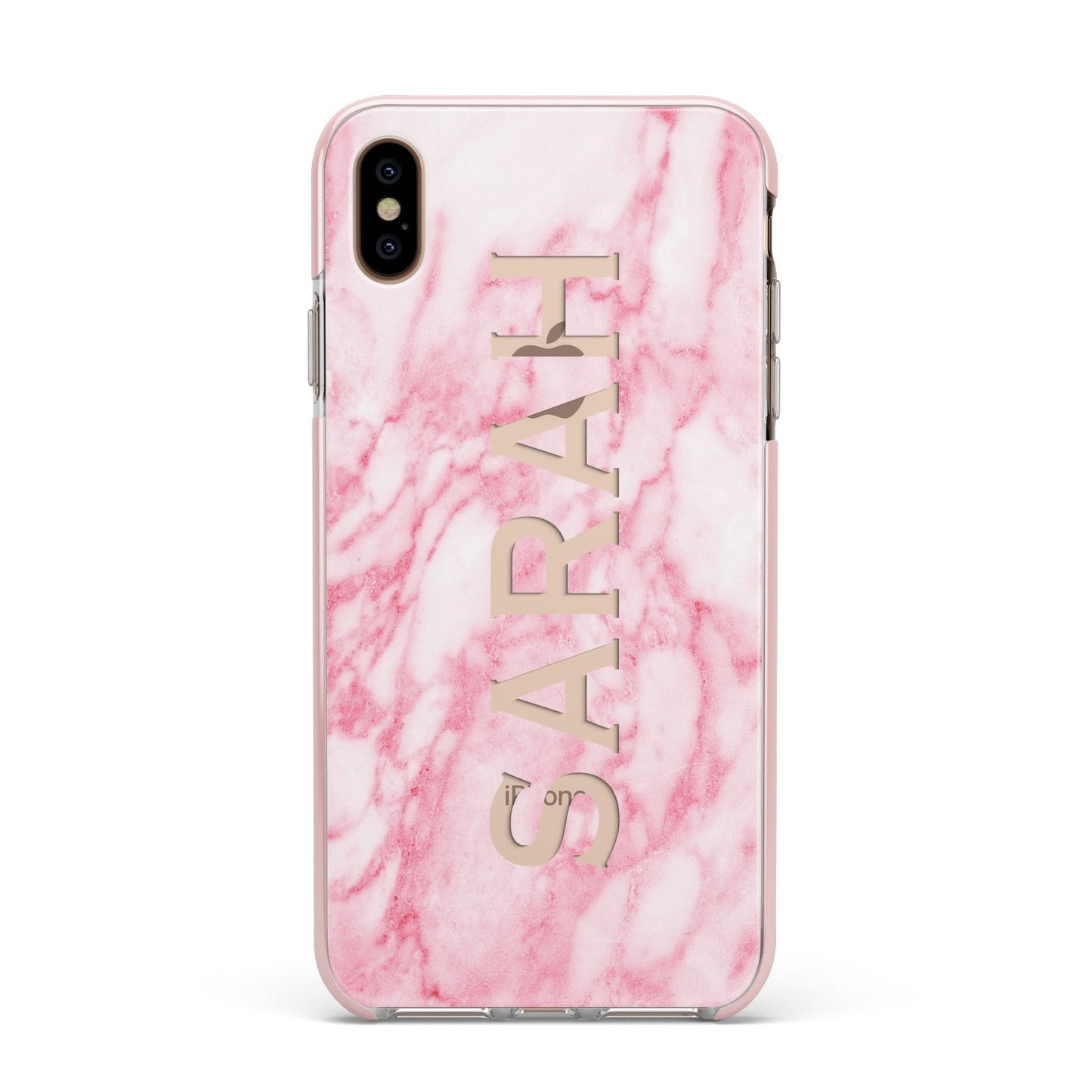 Personalised Clear Name Cutout Pink Marble Custom Apple iPhone Xs Max Impact Case Pink Edge on Gold Phone