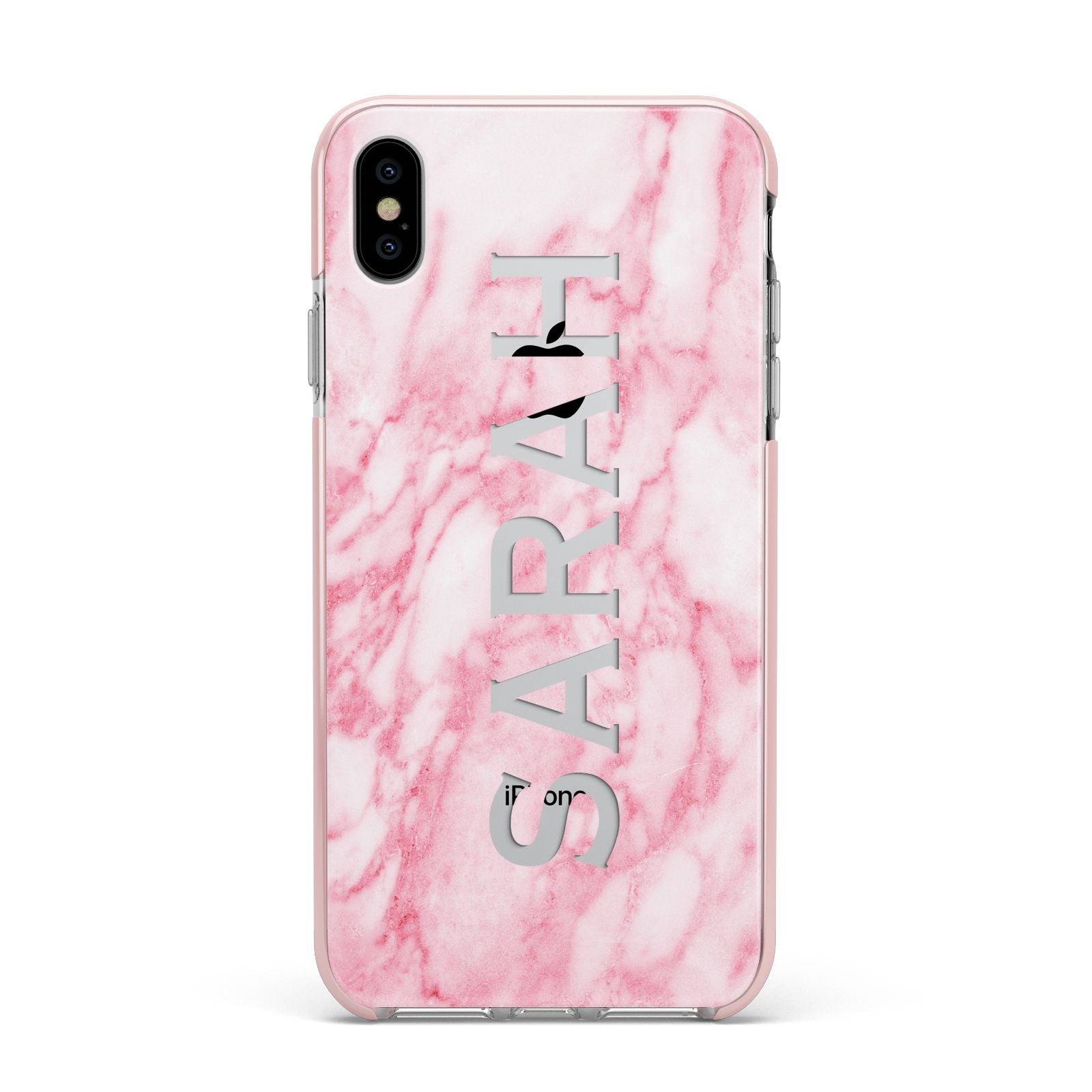 Personalised Clear Name Cutout Pink Marble Custom Apple iPhone Xs Max Impact Case Pink Edge on Silver Phone