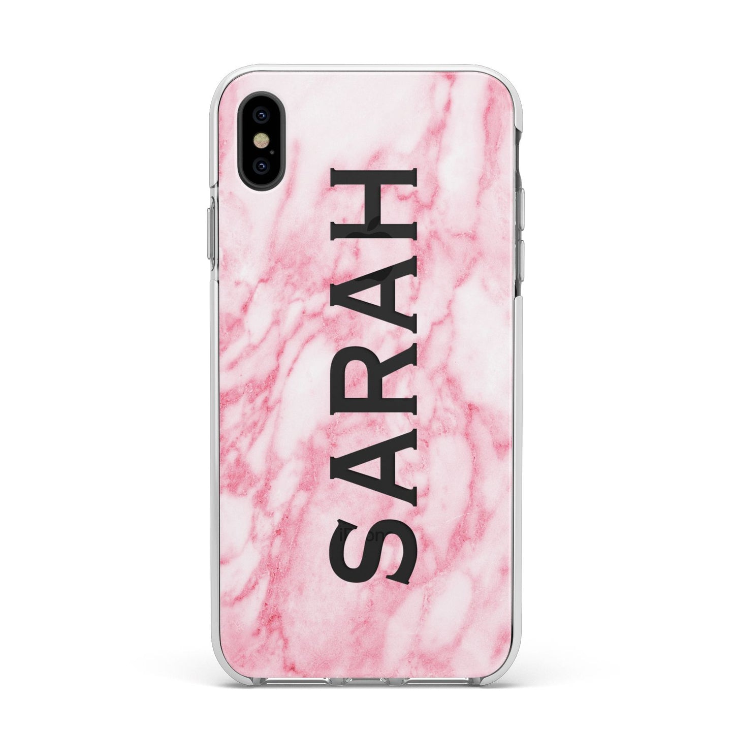 Personalised Clear Name Cutout Pink Marble Custom Apple iPhone Xs Max Impact Case White Edge on Black Phone