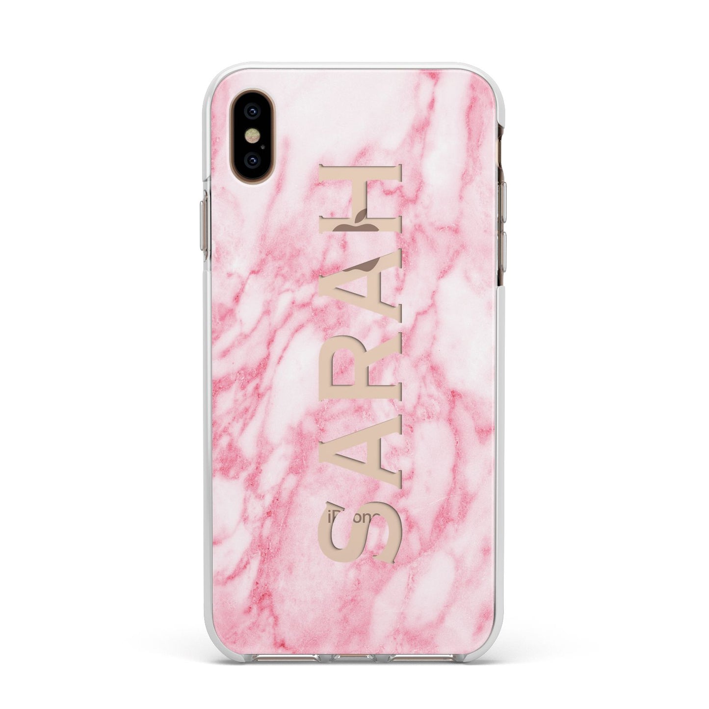 Personalised Clear Name Cutout Pink Marble Custom Apple iPhone Xs Max Impact Case White Edge on Gold Phone