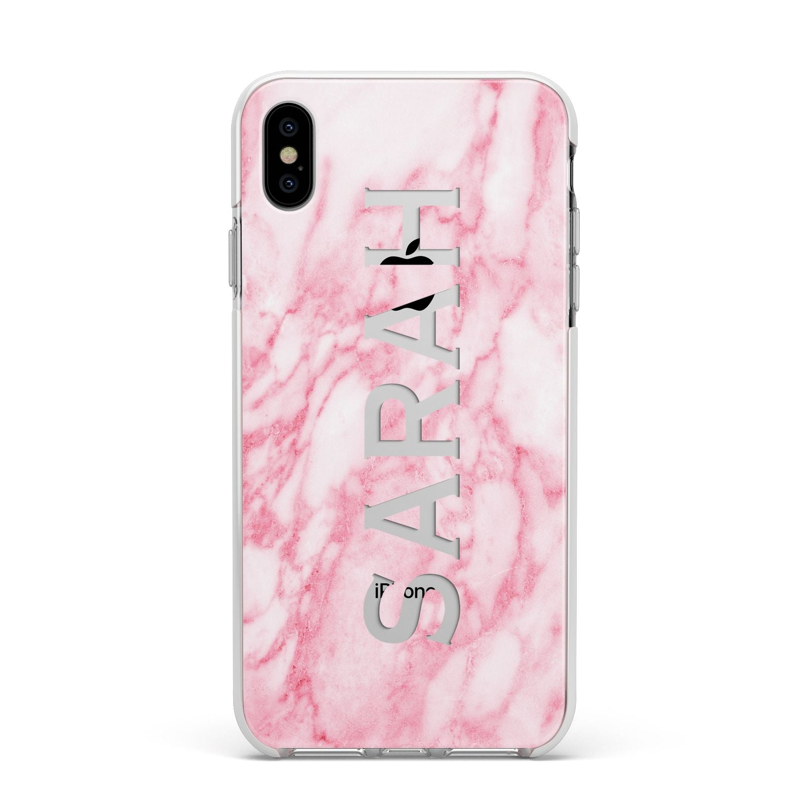 Personalised Clear Name Cutout Pink Marble Custom Apple iPhone Xs Max Impact Case White Edge on Silver Phone