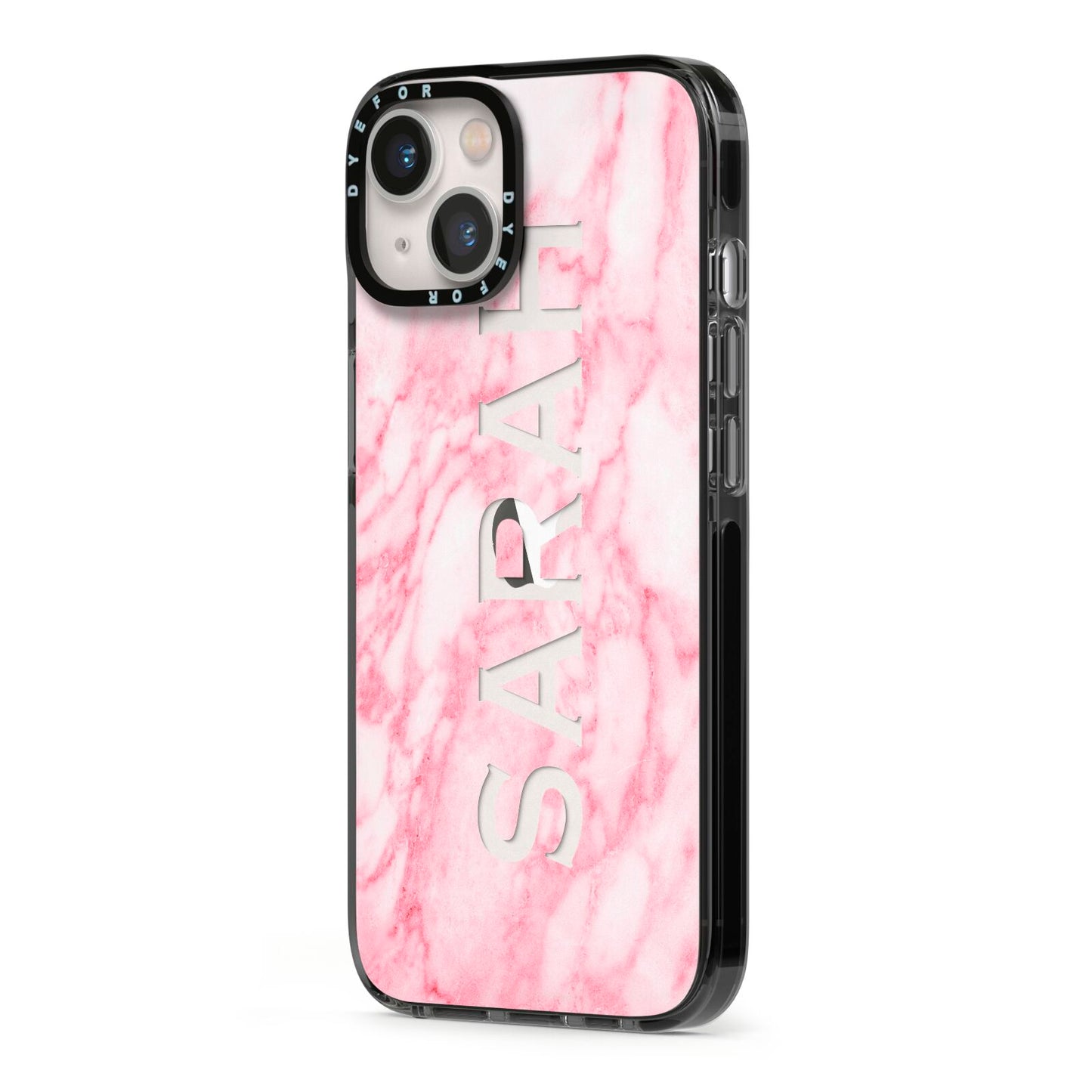 Personalised Clear Name Cutout Pink Marble Custom iPhone 13 Black Impact Case Side Angle on Silver phone