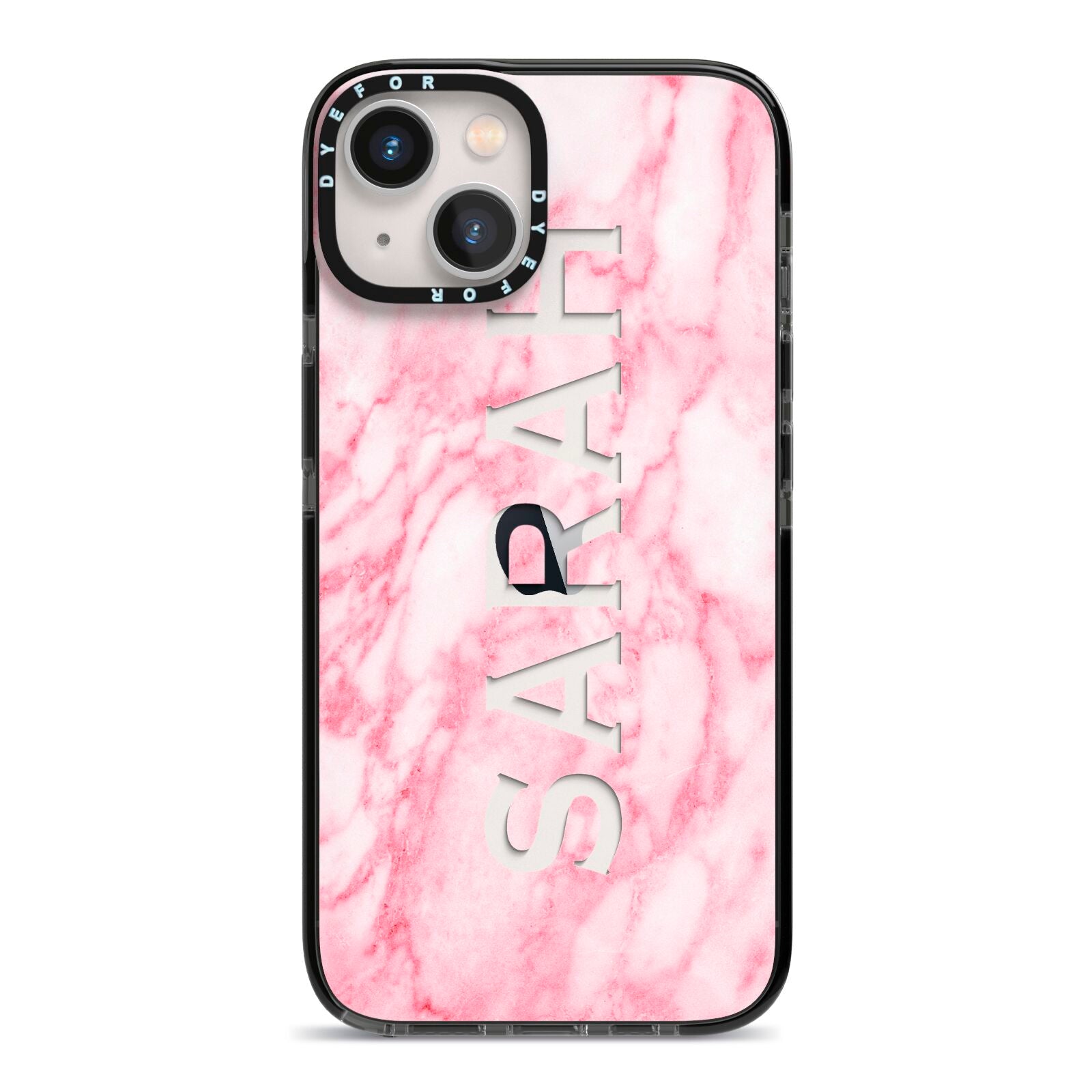 Personalised Clear Name Cutout Pink Marble Custom iPhone 13 Black Impact Case on Silver phone