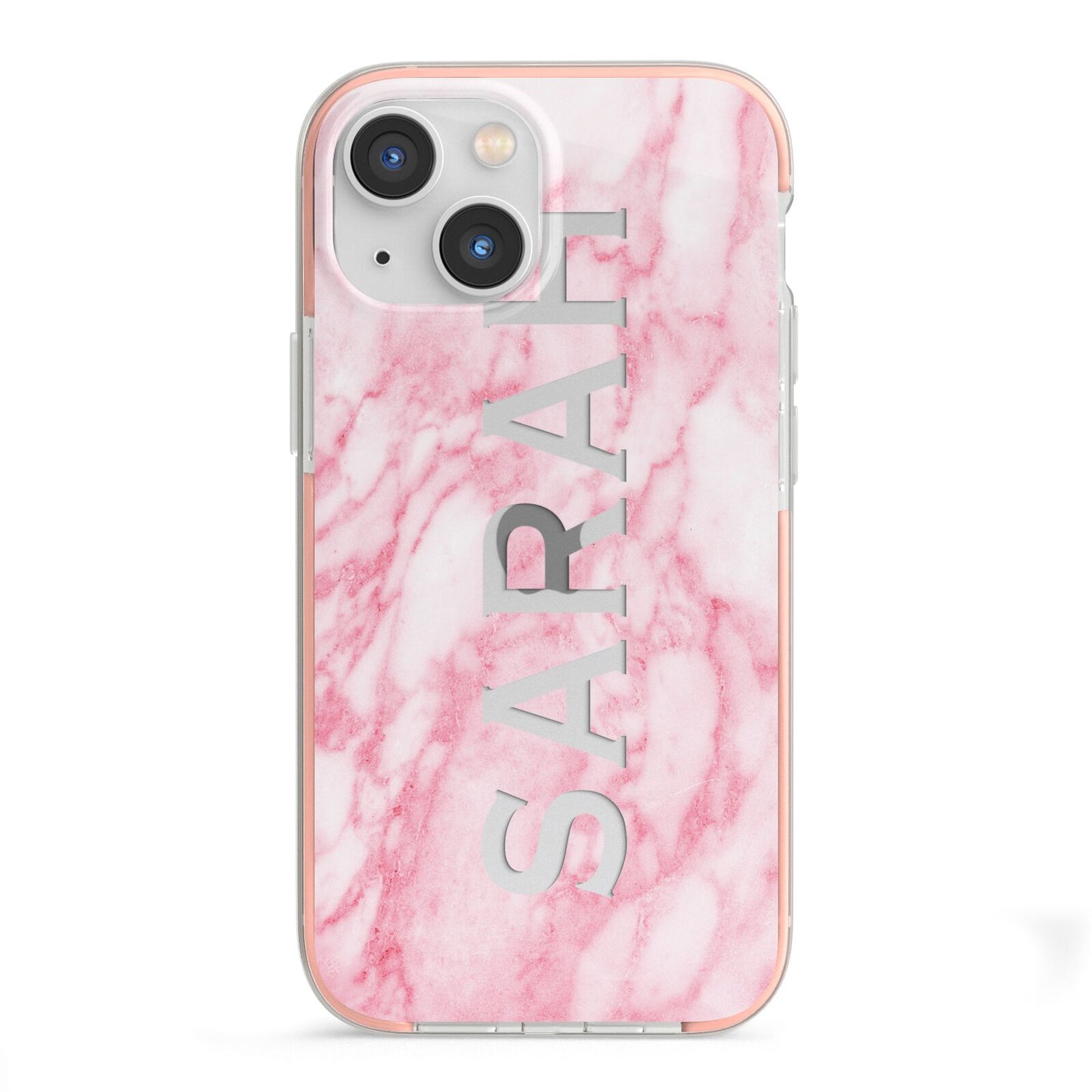 Personalised Clear Name Cutout Pink Marble Custom iPhone 13 Mini TPU Impact Case with Pink Edges