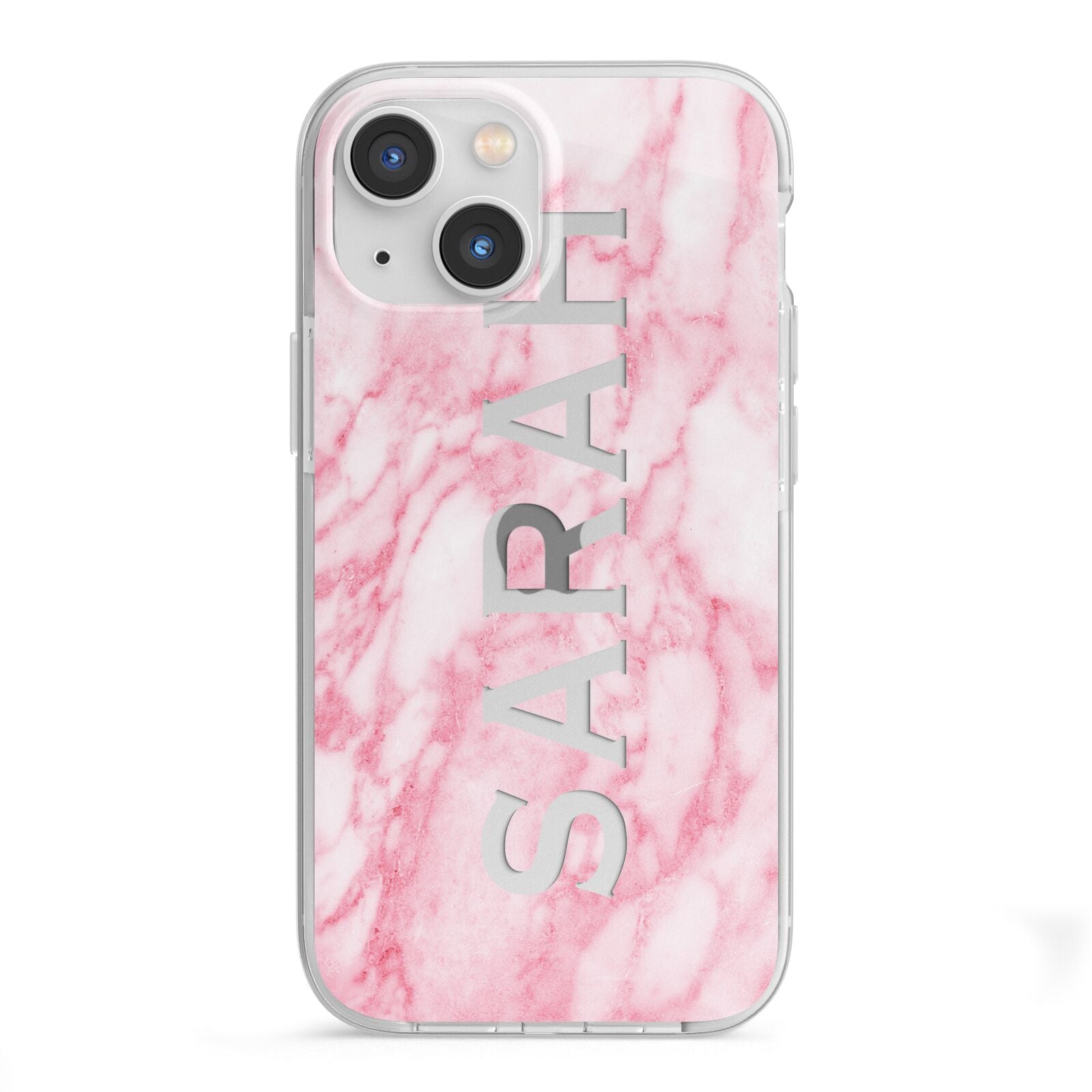 Personalised Clear Name Cutout Pink Marble Custom iPhone 13 Mini TPU Impact Case with White Edges