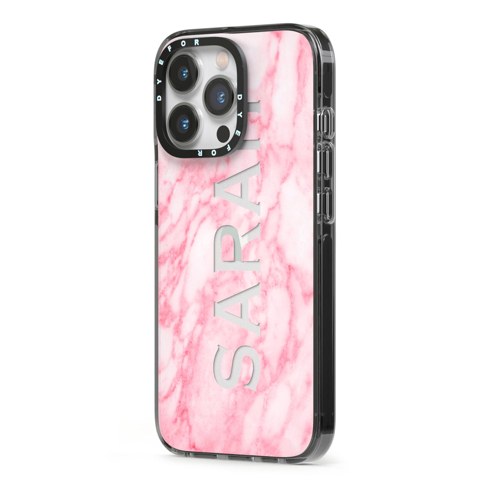 Personalised Clear Name Cutout Pink Marble Custom iPhone 13 Pro Black Impact Case Side Angle on Silver phone