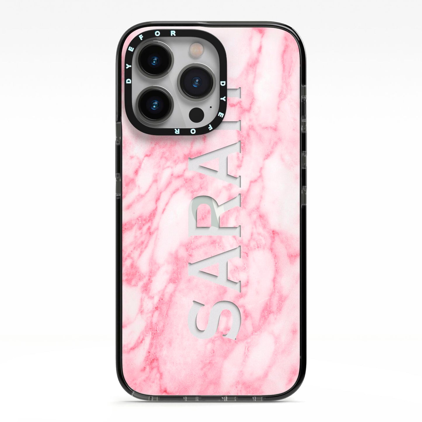 Personalised Clear Name Cutout Pink Marble Custom iPhone 13 Pro Black Impact Case on Silver phone