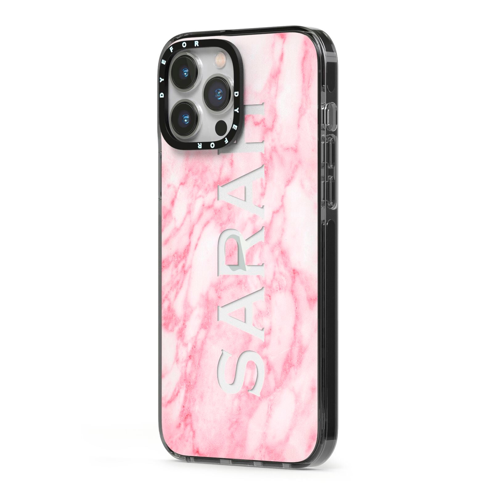 Personalised Clear Name Cutout Pink Marble Custom iPhone 13 Pro Max Black Impact Case Side Angle on Silver phone