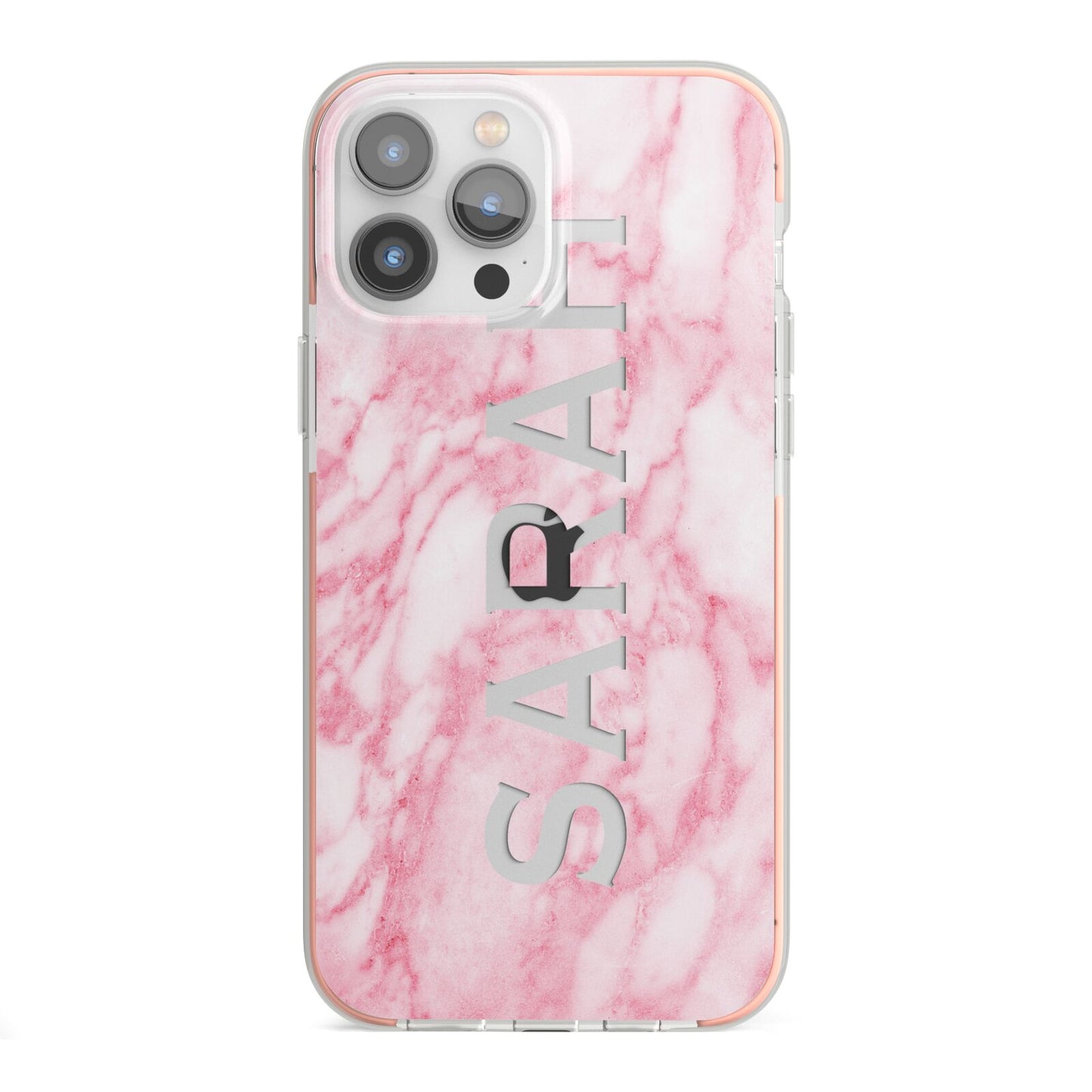 Personalised Clear Name Cutout Pink Marble Custom iPhone 13 Pro Max TPU Impact Case with Pink Edges