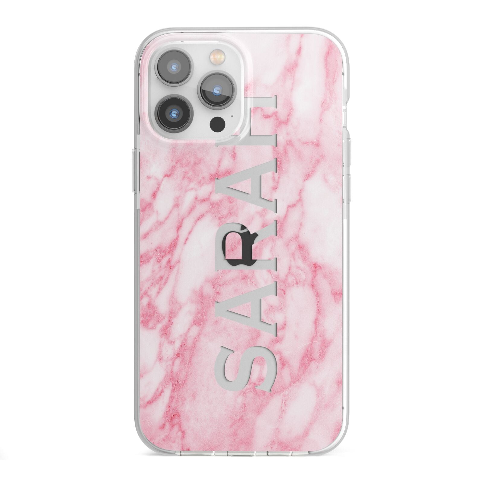 Personalised Clear Name Cutout Pink Marble Custom iPhone 13 Pro Max TPU Impact Case with White Edges