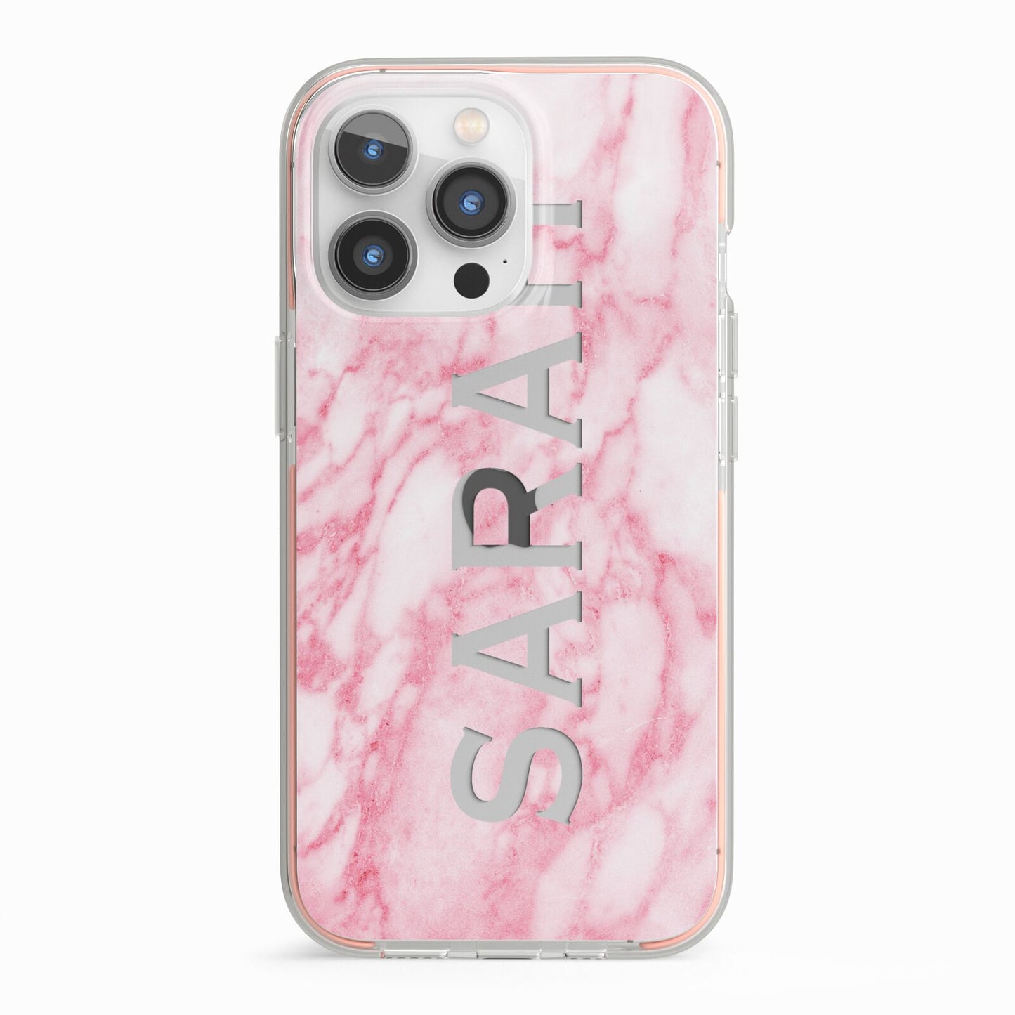 Personalised Clear Name Cutout Pink Marble Custom iPhone 13 Pro TPU Impact Case with Pink Edges