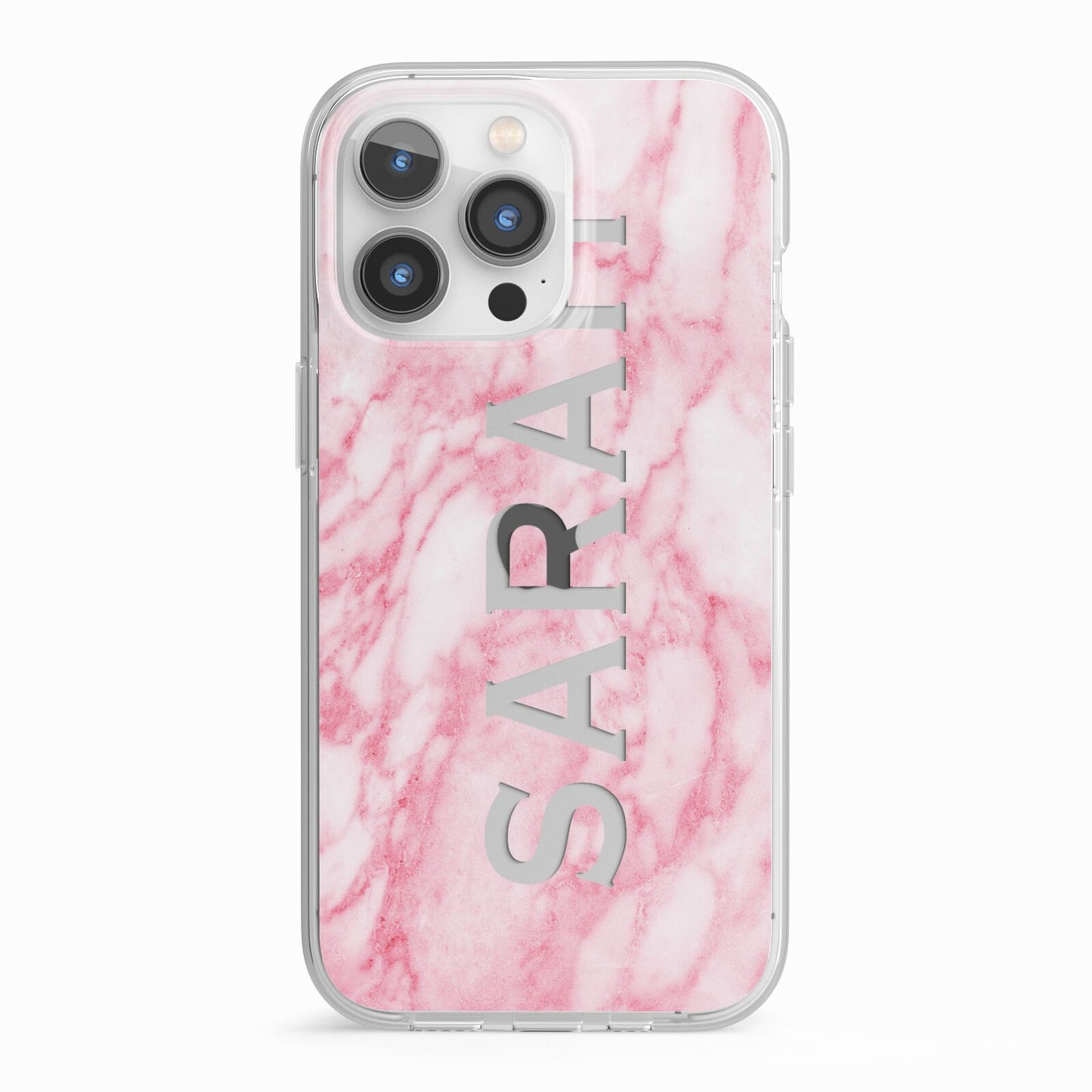 Personalised Clear Name Cutout Pink Marble Custom iPhone 13 Pro TPU Impact Case with White Edges