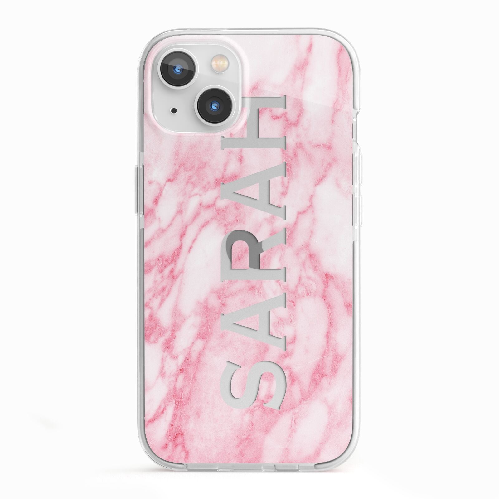 Personalised Clear Name Cutout Pink Marble Custom iPhone 13 TPU Impact Case with White Edges