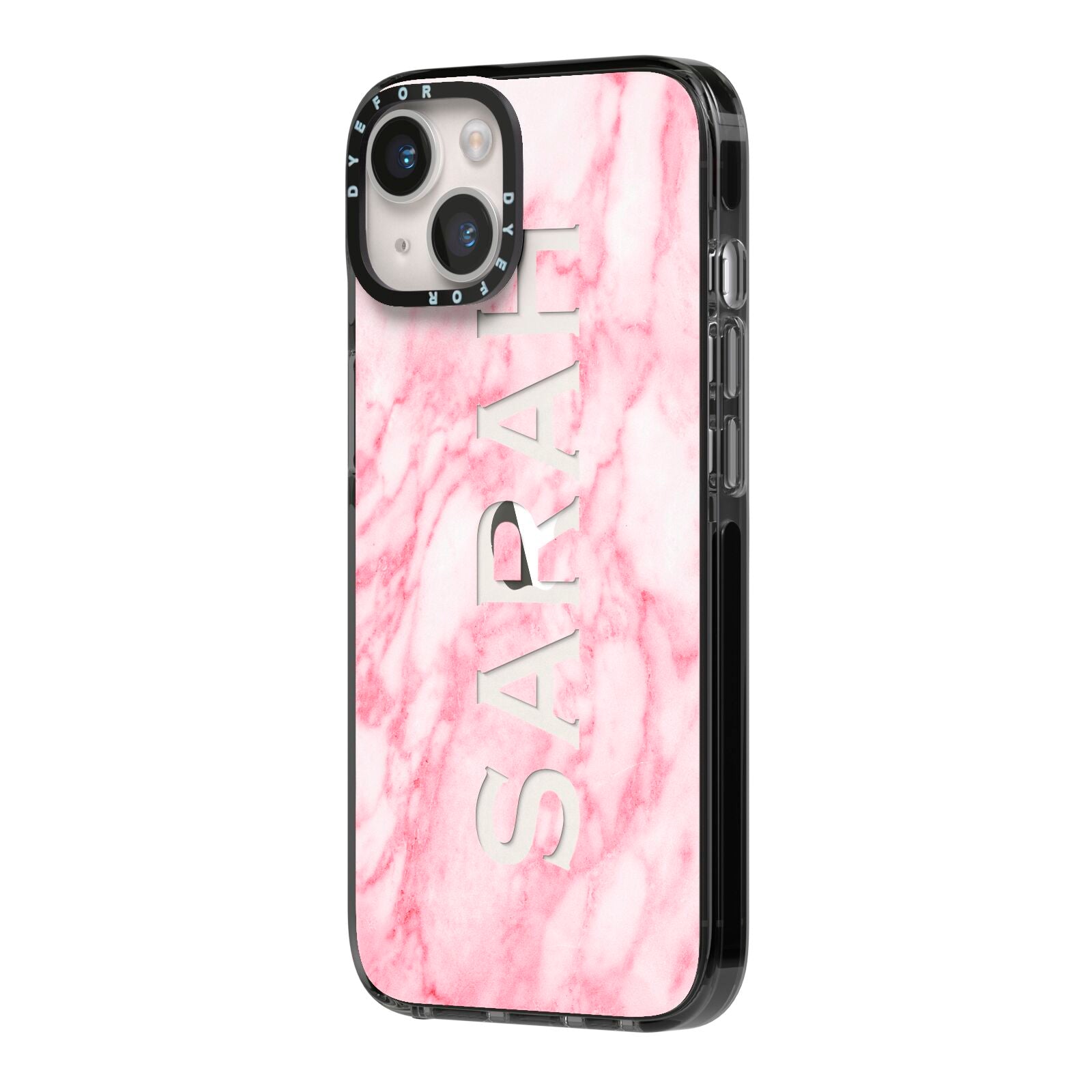 Personalised Clear Name Cutout Pink Marble Custom iPhone 14 Black Impact Case Side Angle on Silver phone