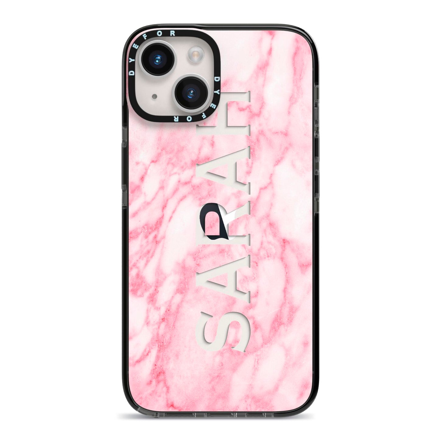 Personalised Clear Name Cutout Pink Marble Custom iPhone 14 Black Impact Case on Silver phone