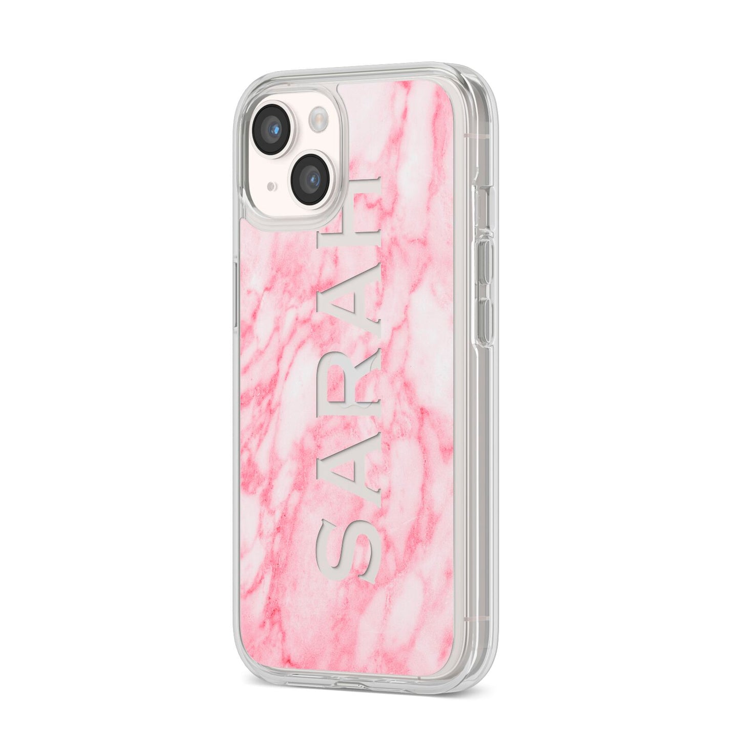 Personalised Clear Name Cutout Pink Marble Custom iPhone 14 Clear Tough Case Starlight Angled Image